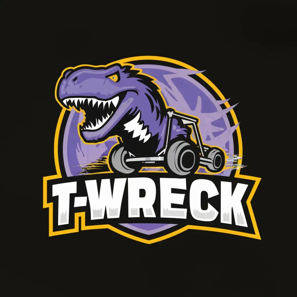 logo, Purple and black Dinosaur being chased by a kodiak in a go cart, with the text "T-Wreck", typography