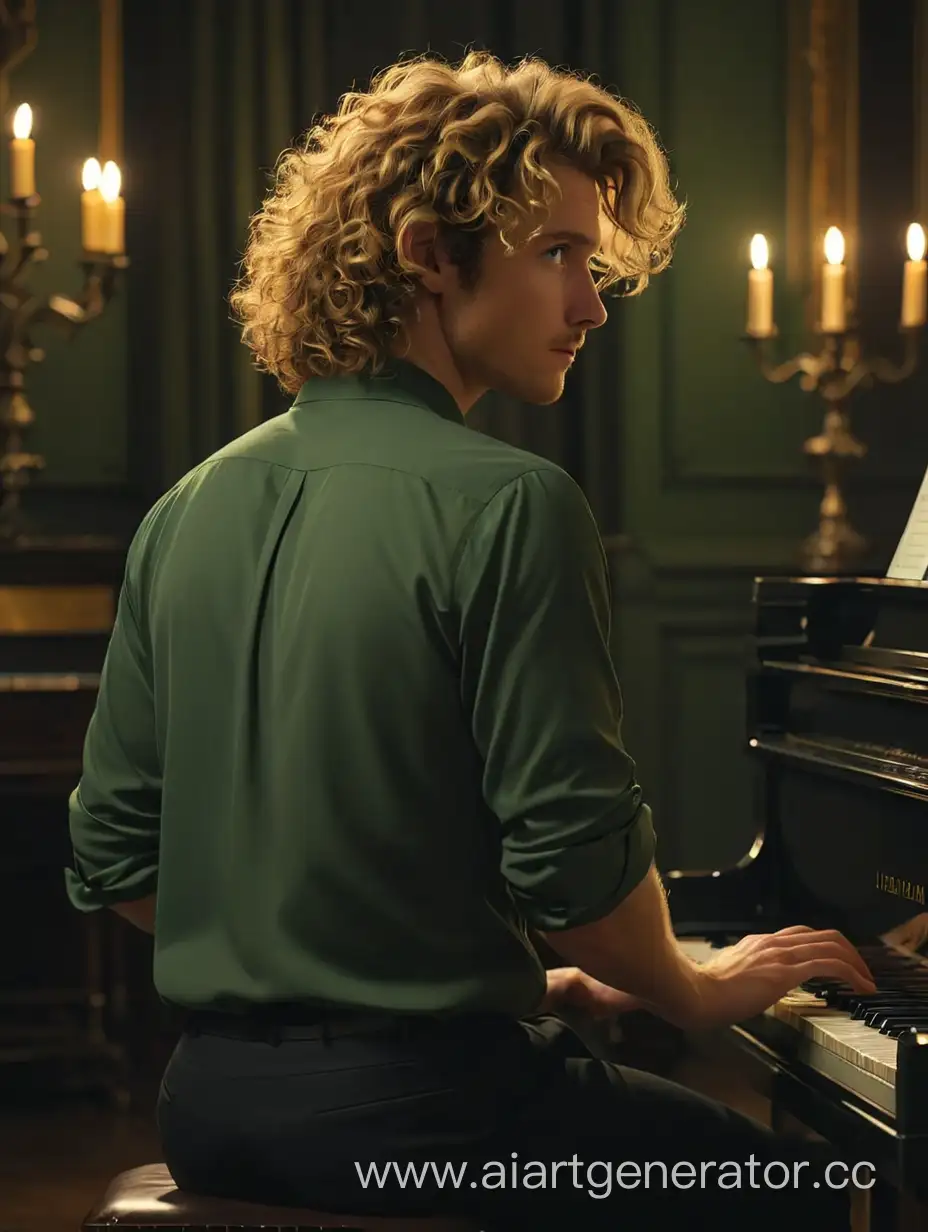 Светловолосый парень в зелёной рубашке и чёрных брюкаж сидит спиной и играет на пианино в олутёмной комнате. У него кудрявые золотые волосы до плеч. Он сидит спиной и играет на пианино. В комнате темно, только на стене висит канделябр. Он играет на пианино