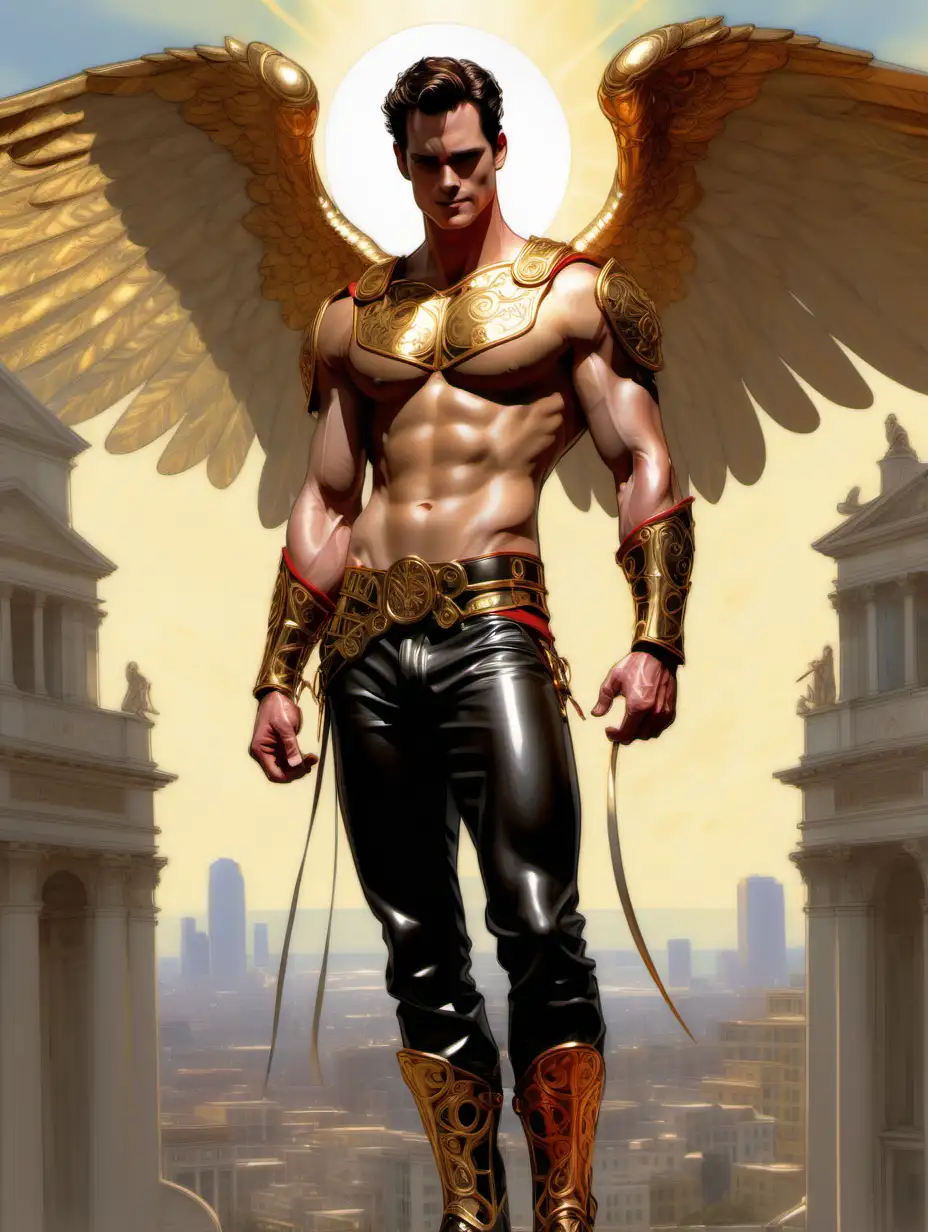 angel gladiator, long wide view, full body feature, sunshine day, glossy, Highly detailed, vascular male man, crew cut hair, gold red, black pants, gold, golden ratio 1. 618, Charles Vess, male perfection, mischievous emotion,  Andrew Walker Matt Bomer, filigree, bright mood
