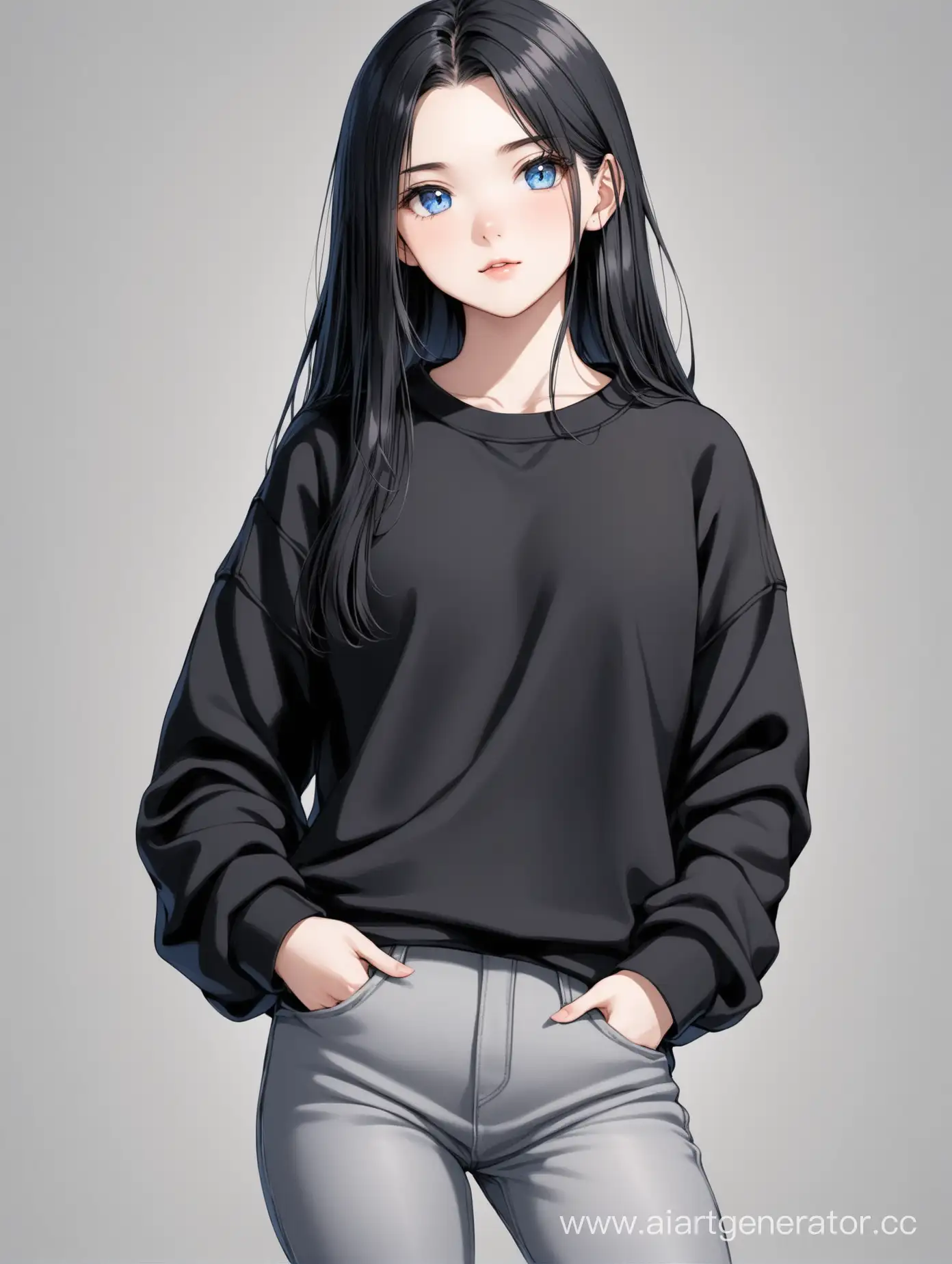 Girl, schoolgirl, 17 years old, black hair, blue eyes, dressed in a black sweatshirt and gray jeans, on a white background