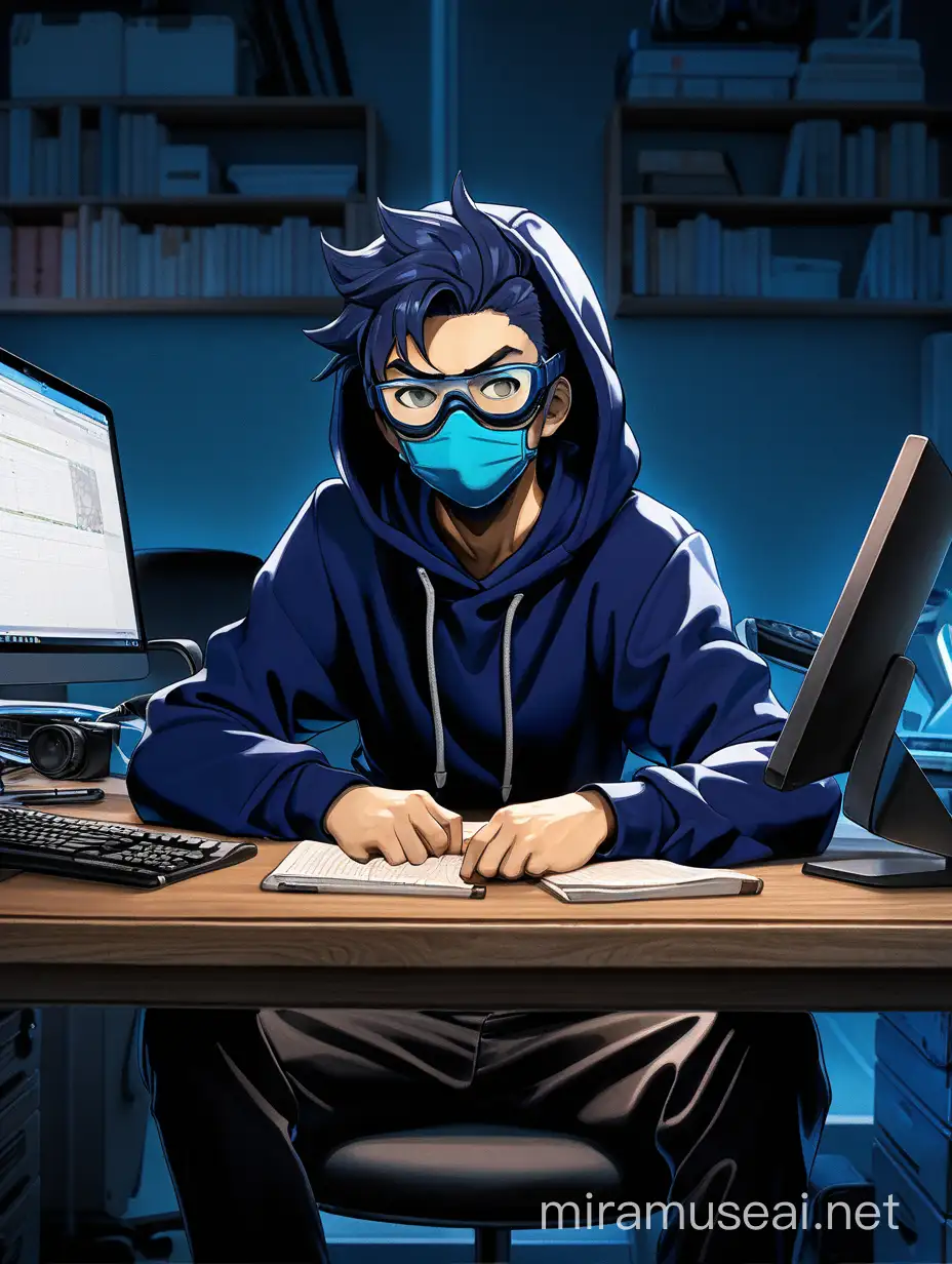 A anime guy sitting in his work desk looking straight into the camera wearing a mask and goggles and a dark blue colour hoodie also make him sit a little far from the camera give a zoomed out image also make the background a bit dark looking