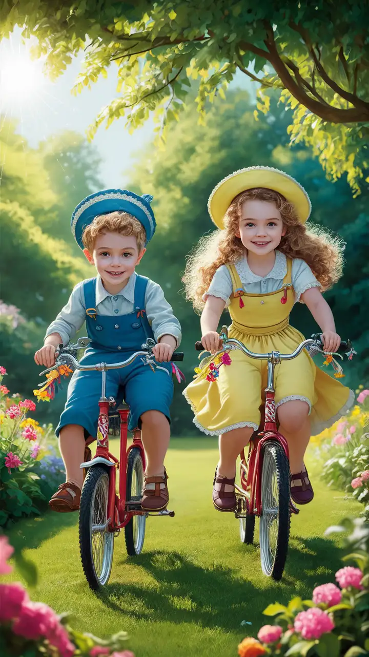 Adorable Kids Riding Bicycle in Lush Garden Amidst Blooming Flowers