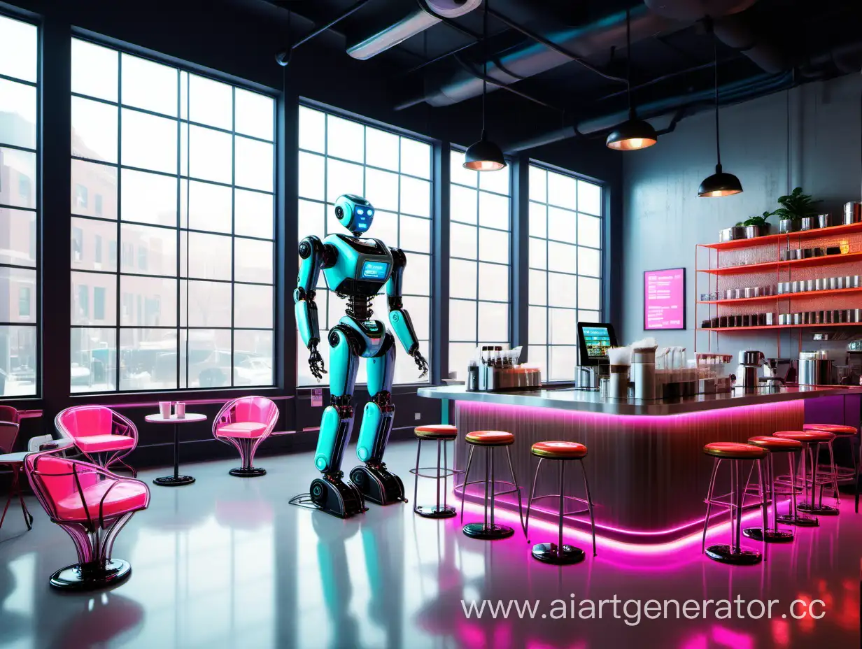 кофейня будущего, высокие потолки, большие окна, неоновый цвет, кофейные зерна, стеклянные стулья и бармен-робот