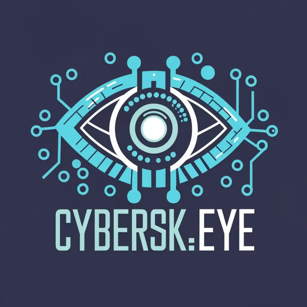 logo, a sky blue  Eye with a cybernetic theme and a Y shaped  iris, with the text "CyberSk.eYe", typography, be used in Internet industry
