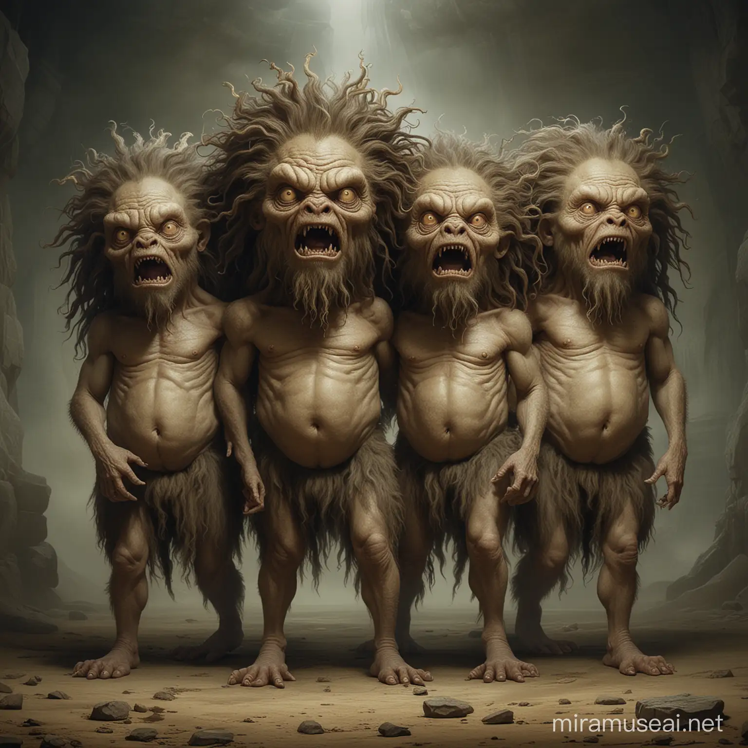 A mythical monster with three human heads, four legs, thick hair, and terrifying, human heads, 3 young boys
