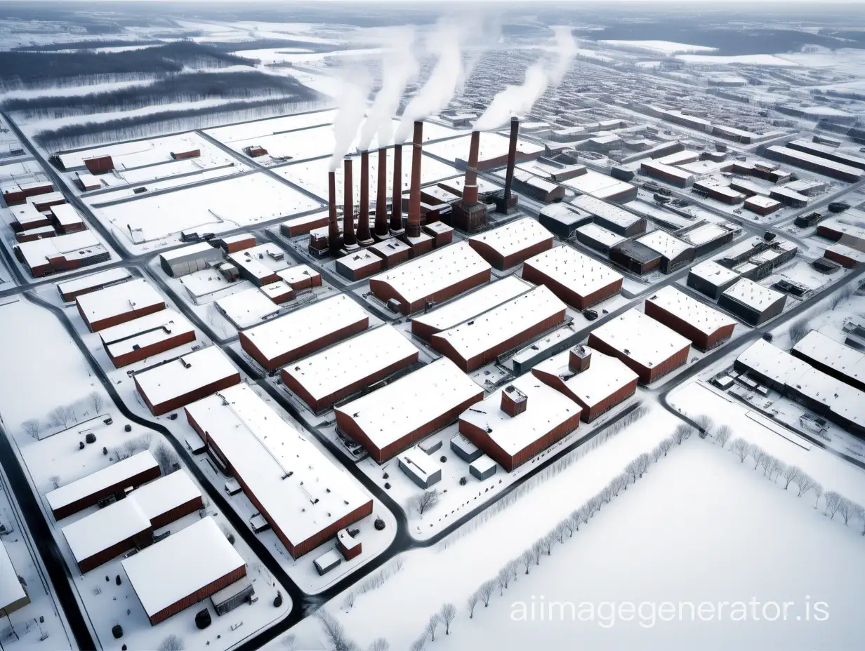 Create a wide aerial image depicting a sparse industrial area covered in snow, with low buildings, warehouses, and a grid of roads. Negative: tall factory chimneys, steam.