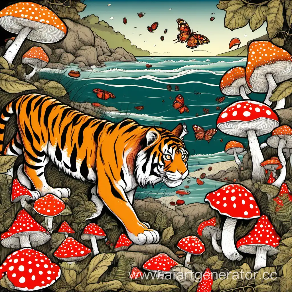 Tigers-and-Fly-Agarics-Majestic-Wildlife-and-Colorful-Mushrooms-Along-the-Seashore