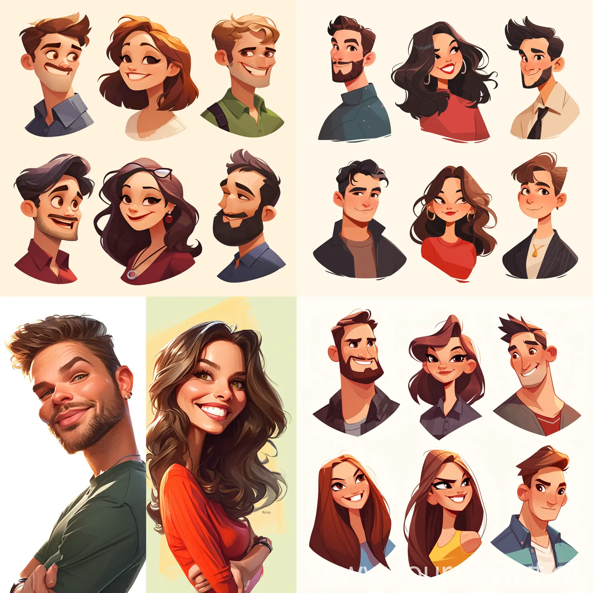 Six-Cartoon-Caricature-Characters-in-Colorful-Portraits