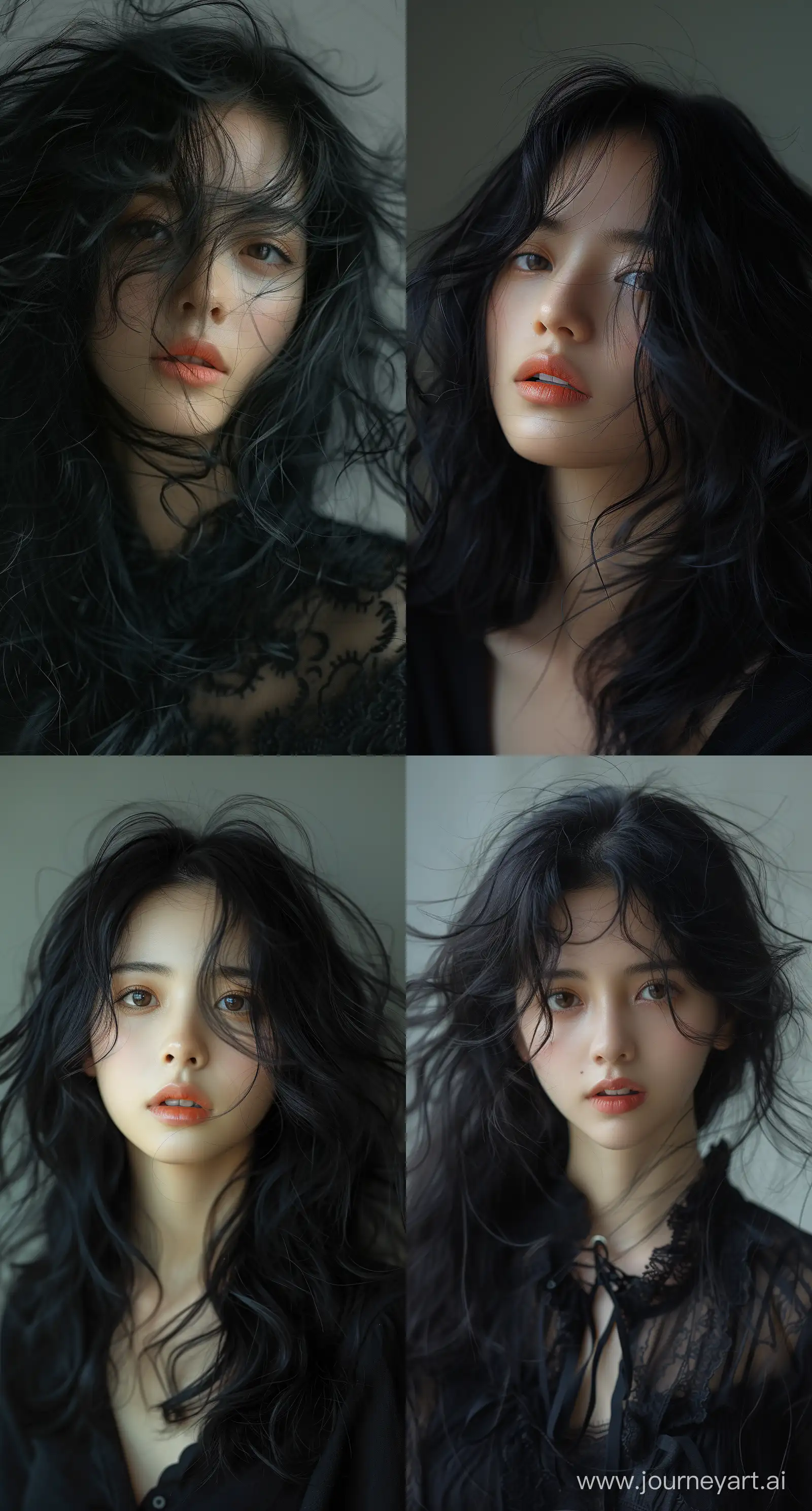 Emotive-BlackHaired-Woman-Poses-with-Dain-Yooninspired-Soft-Edges