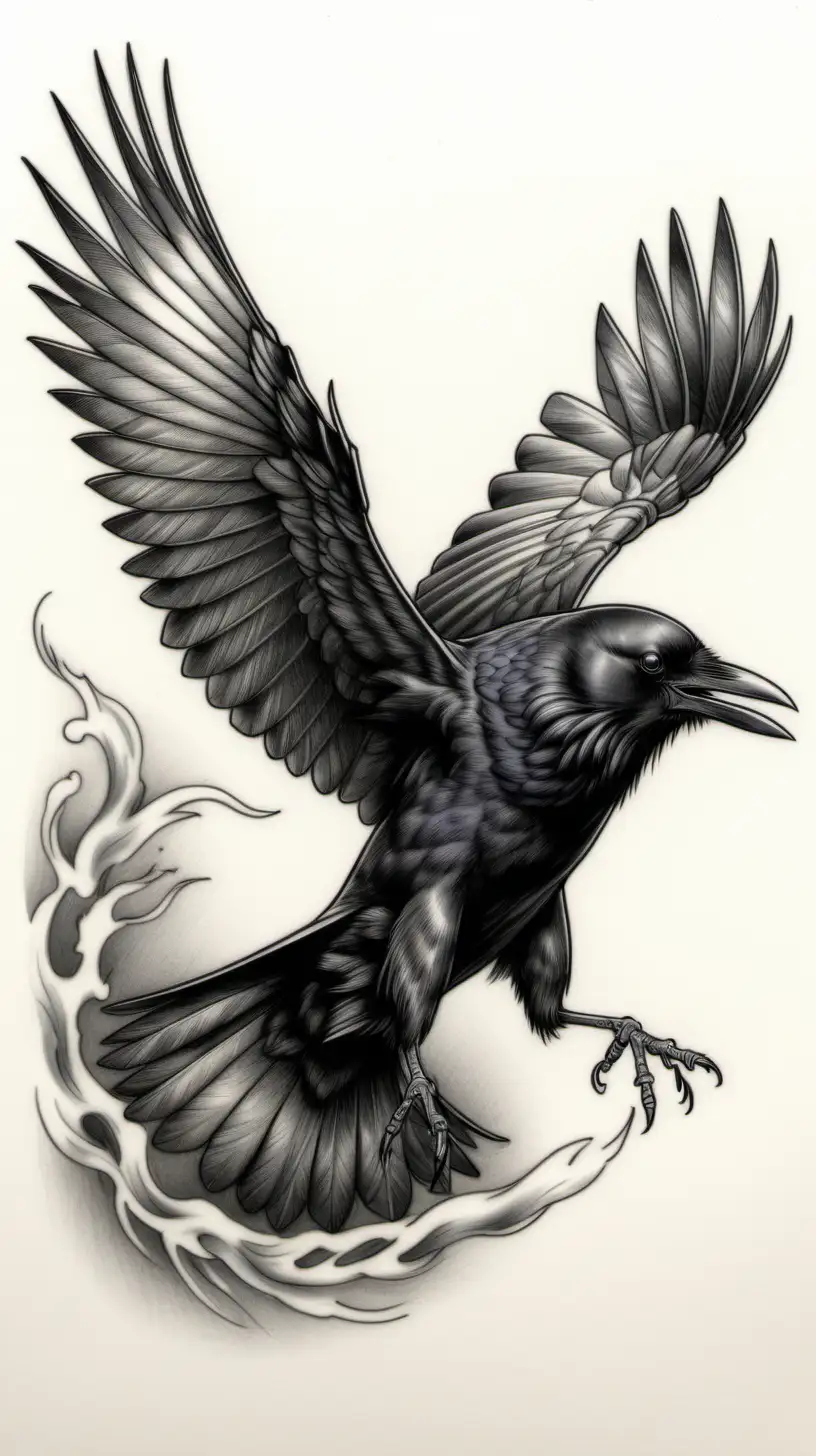 /imagine prompt : a eastern japanese black and gray art drawing, tattoo flash design
A crow diving downwards with its wings folded behind its back and head lowered, beak pointing down towards the ground as it plummets downwards
<background>white paper
<style>pencil drawing