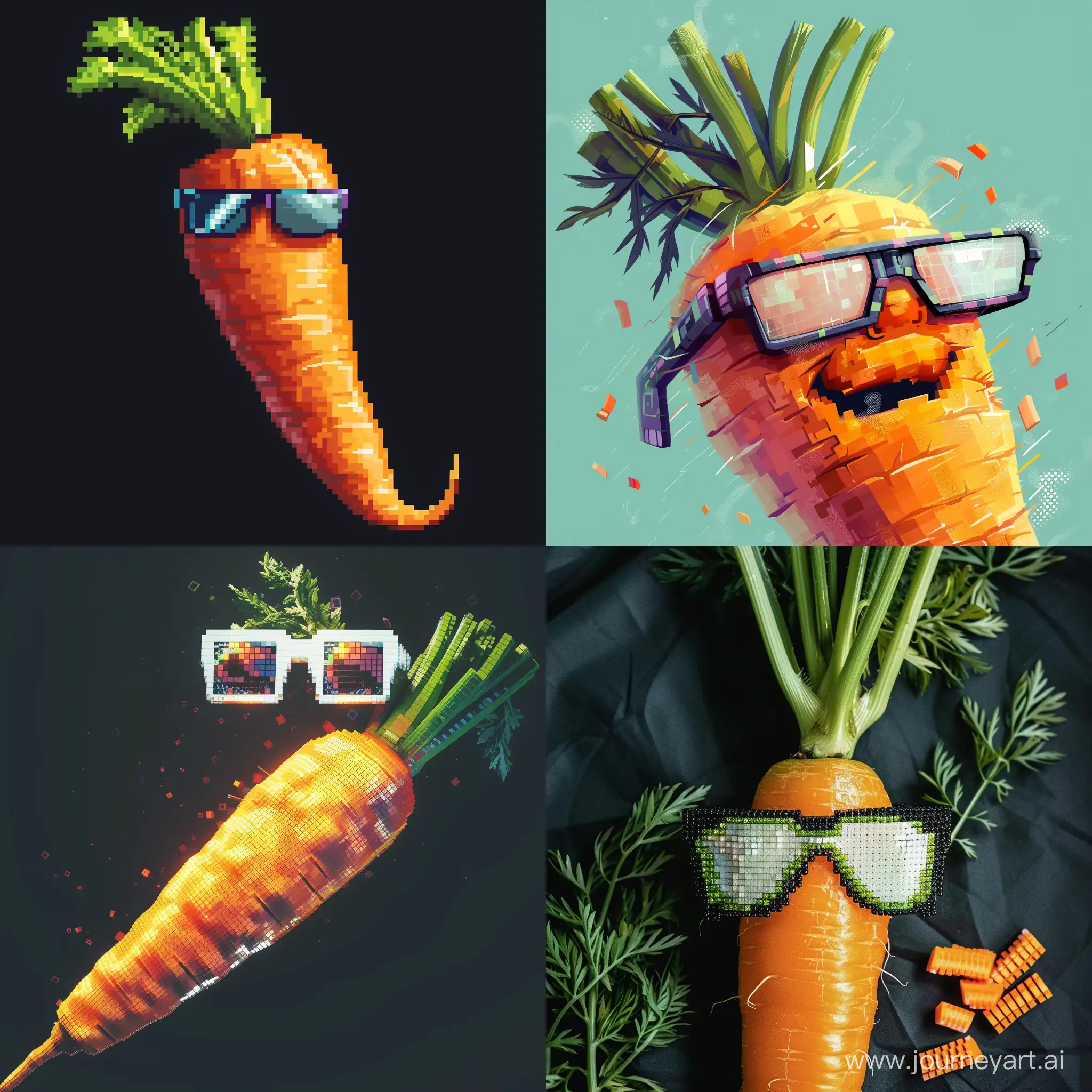 морковка, в крутых пиксельных очках, сильная, крутая 