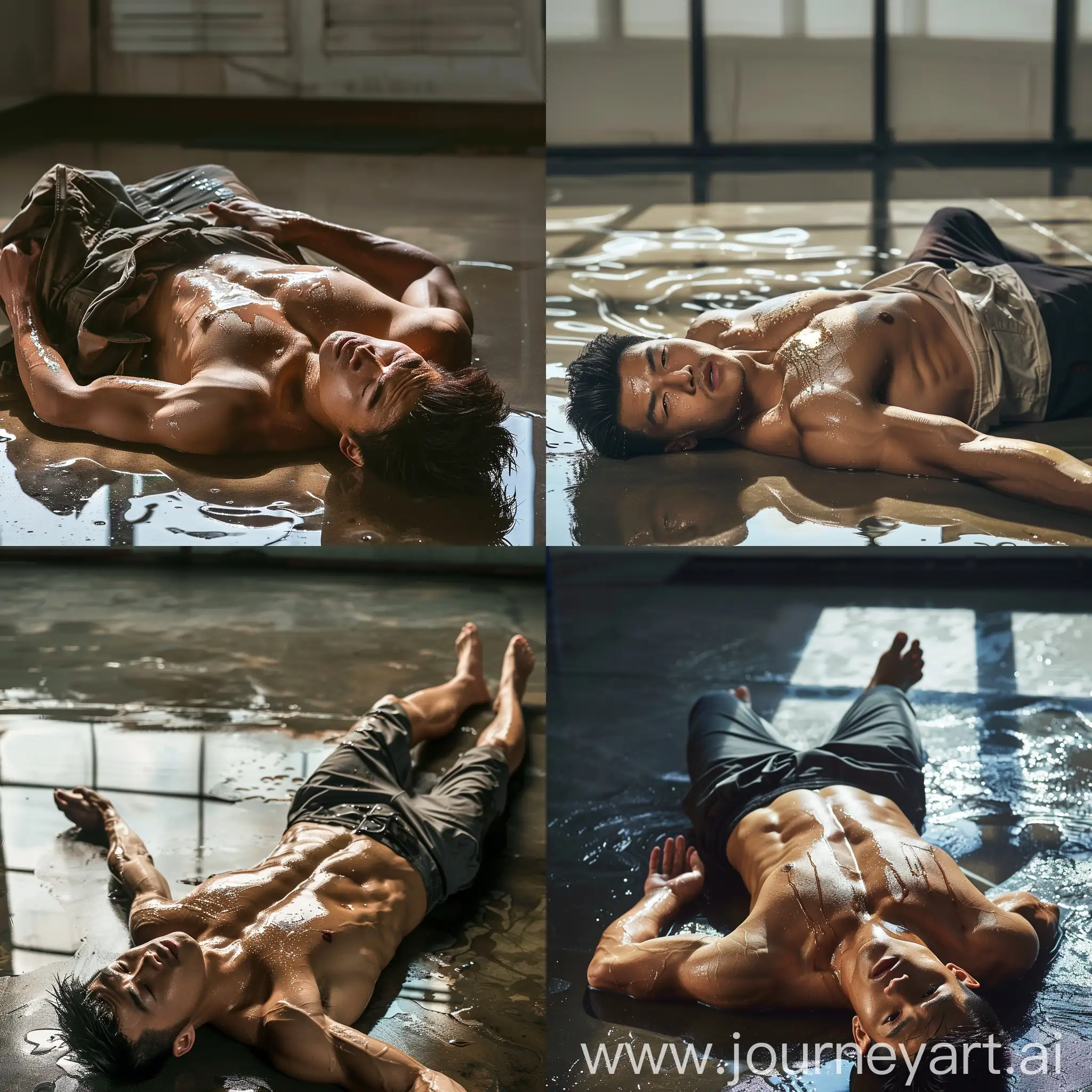 Muscular-Asian-Man-Lying-on-Floor-with-Wet-Shirt