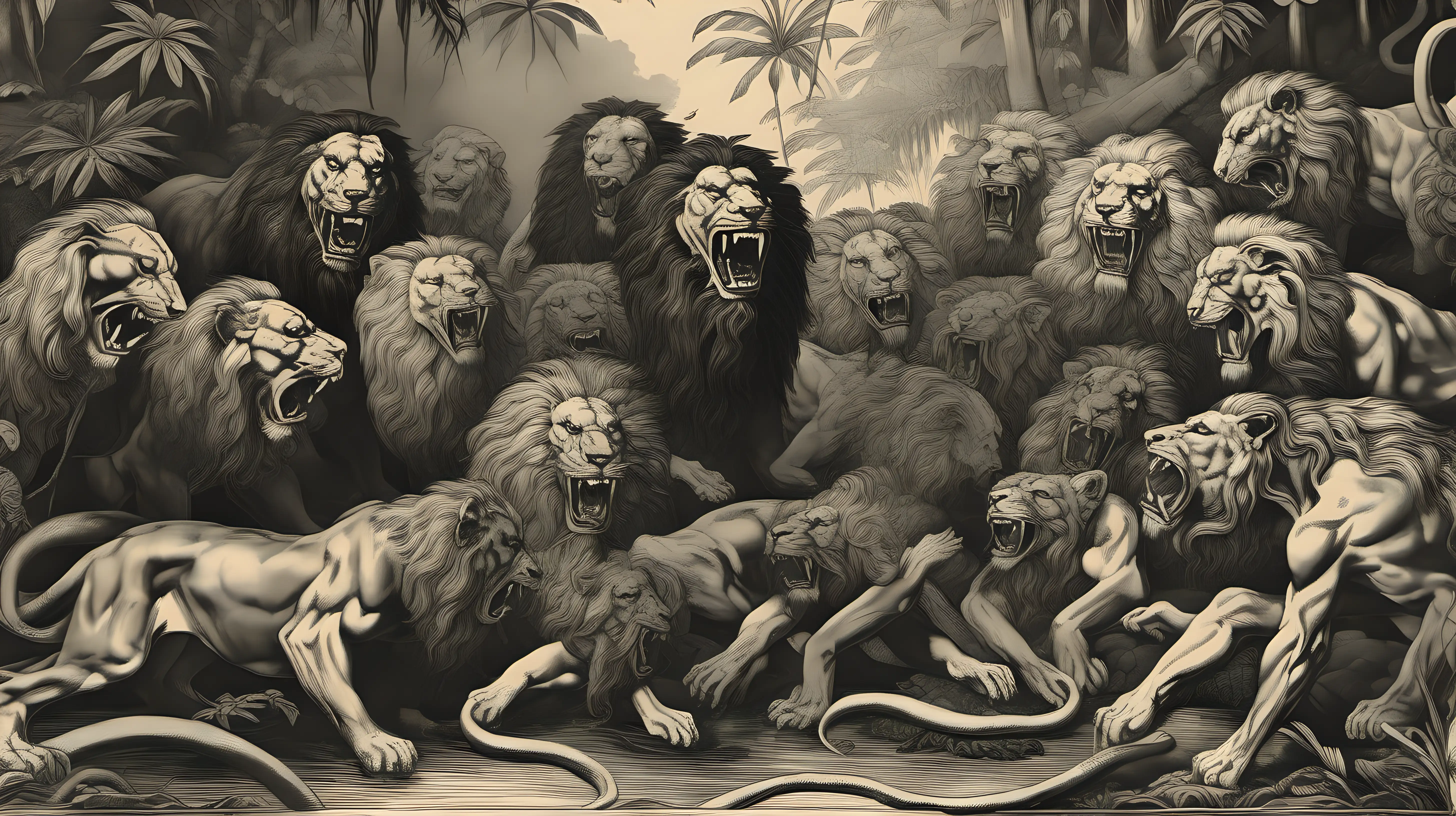 16th Century Men and Roaring Lions in Amazon Jungle Rainstorm