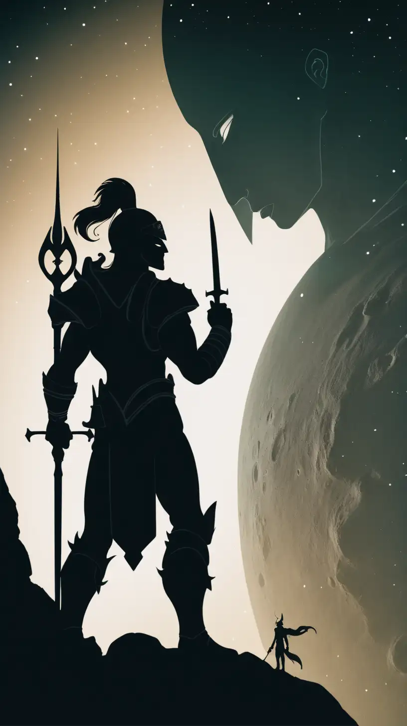In space, a warrior with an ancient sword in his hand, facing the silhouette of an ancient god