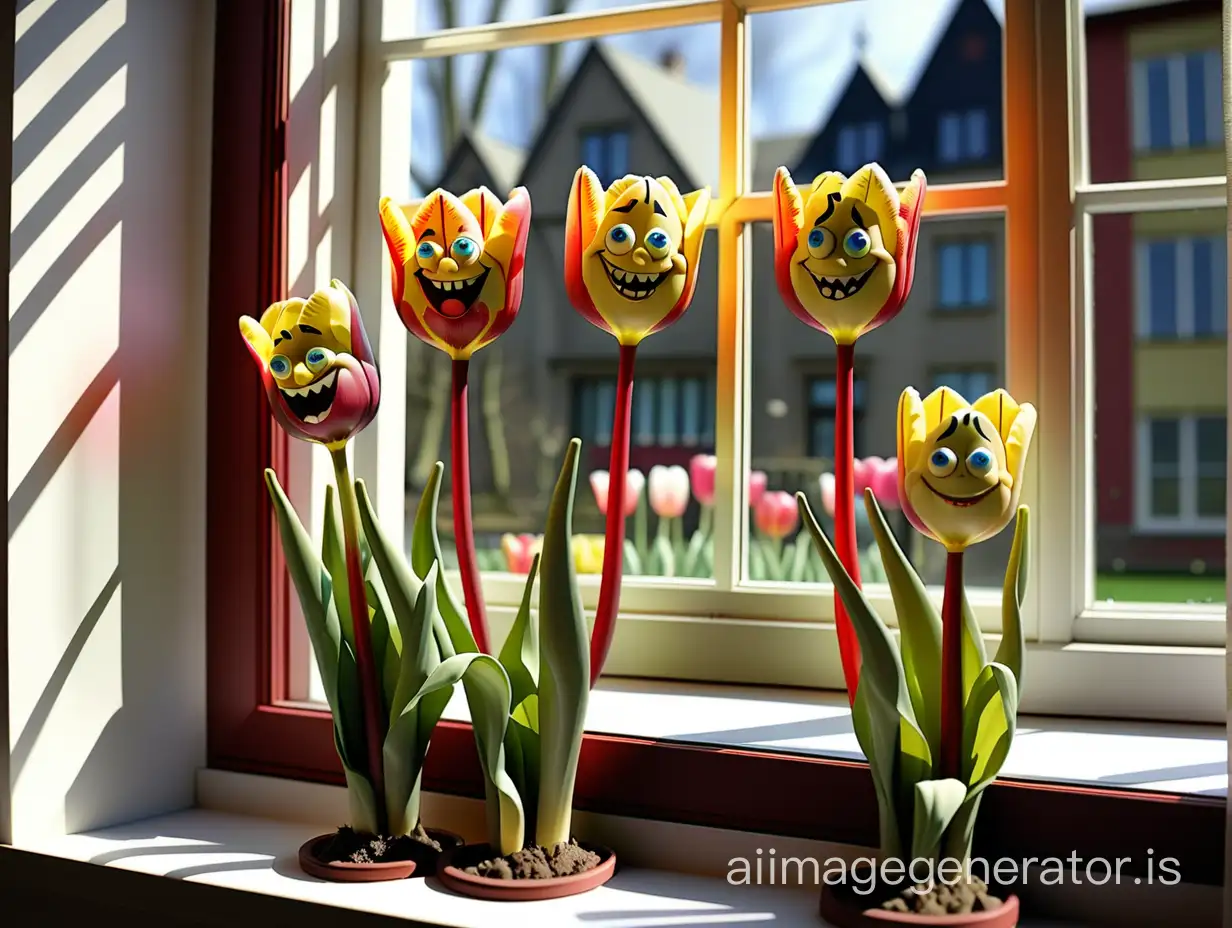 Spring, on the calendar March 8th. outside the window, the smile of kind little monsters, mutated tulips, smiling. Inscription with the holiday of spring