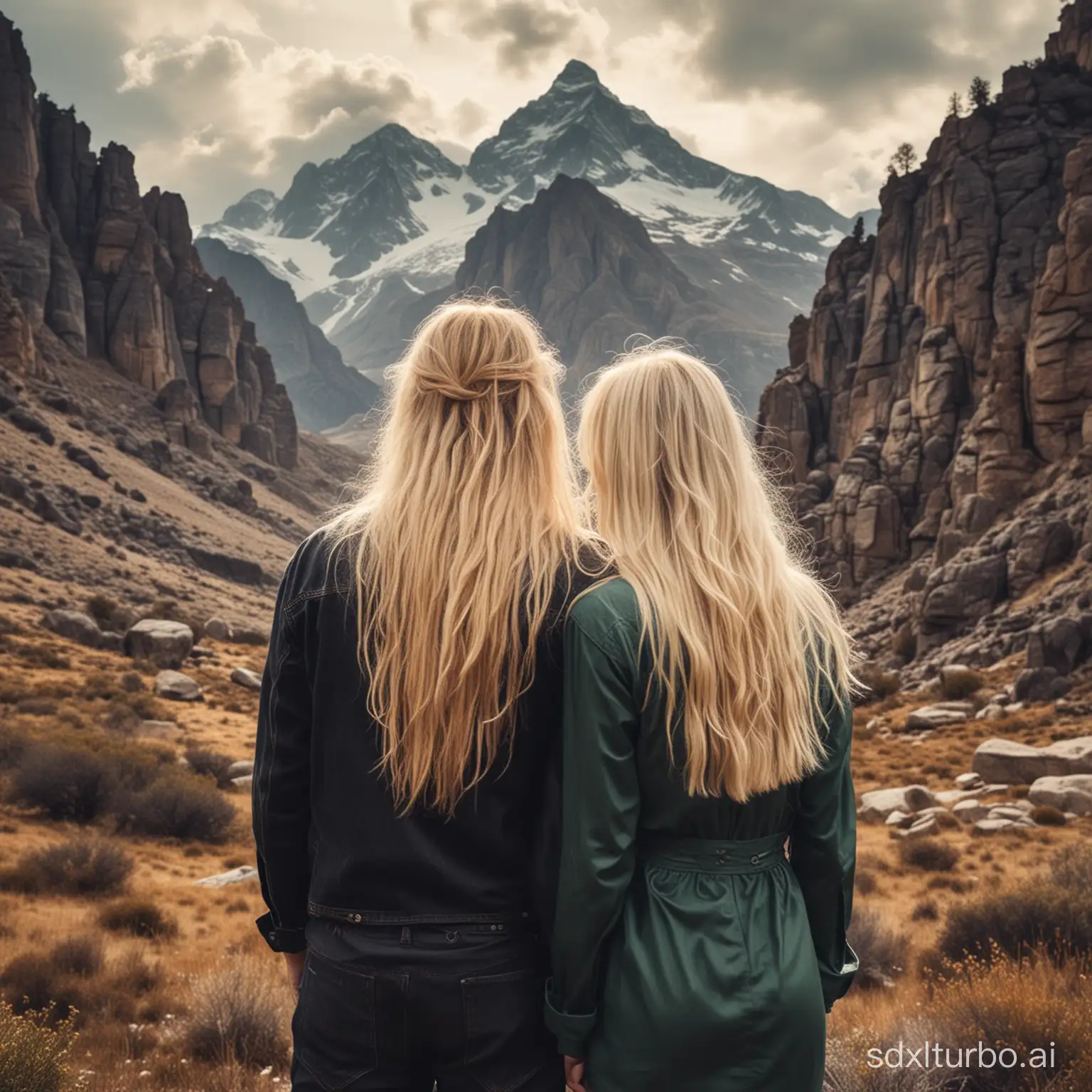 stoner rock band composed of a long haired man and a blonde woman, from behind, in the mountains