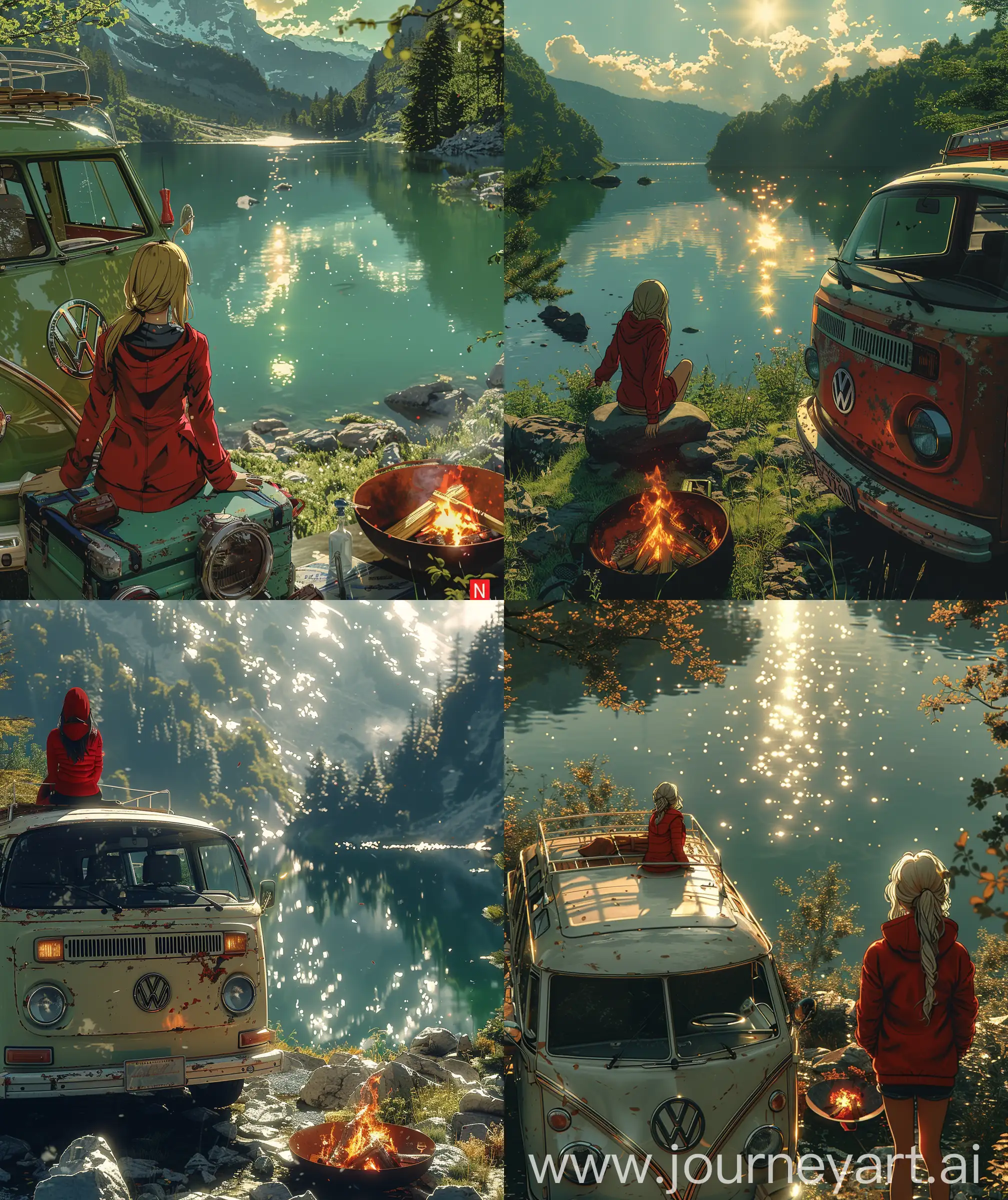 Beautiful anime scenery, illustration , direct front facade Volkswagen camping van, woman in red jacket sit on van rooftop, looking at lake ,  fire pit besides van, view is amazing, glistening sunlight over lake water, beautiful vintage anime illustration scenery, ultra hd, High quality resolution, day time, sharp details,no blurry image , no hyperrealistic --ar 27:32 --s 600