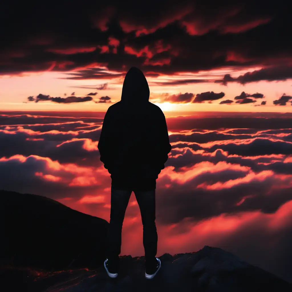 Man Standing on Mountain Hill, Wearing Black Hoodie, Looking at Sunset. The clouds are dark red