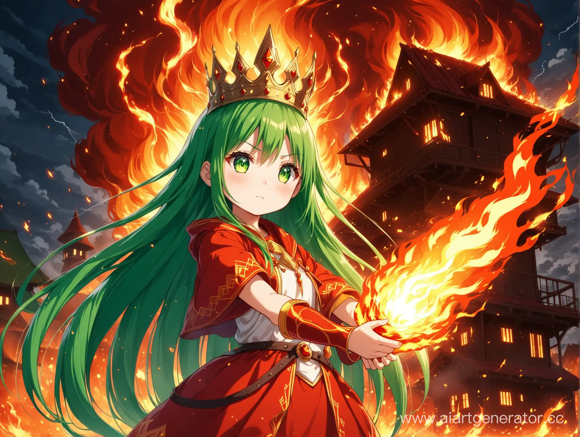 Аниме  очень красивая русская маленькая девочка с длинным прямыми зелёными волосами с зелёными глазами с горящей короной на на голове богиня магии огня и молнии держит в руках огонь 🔥 в сильной ярости спасает дом 