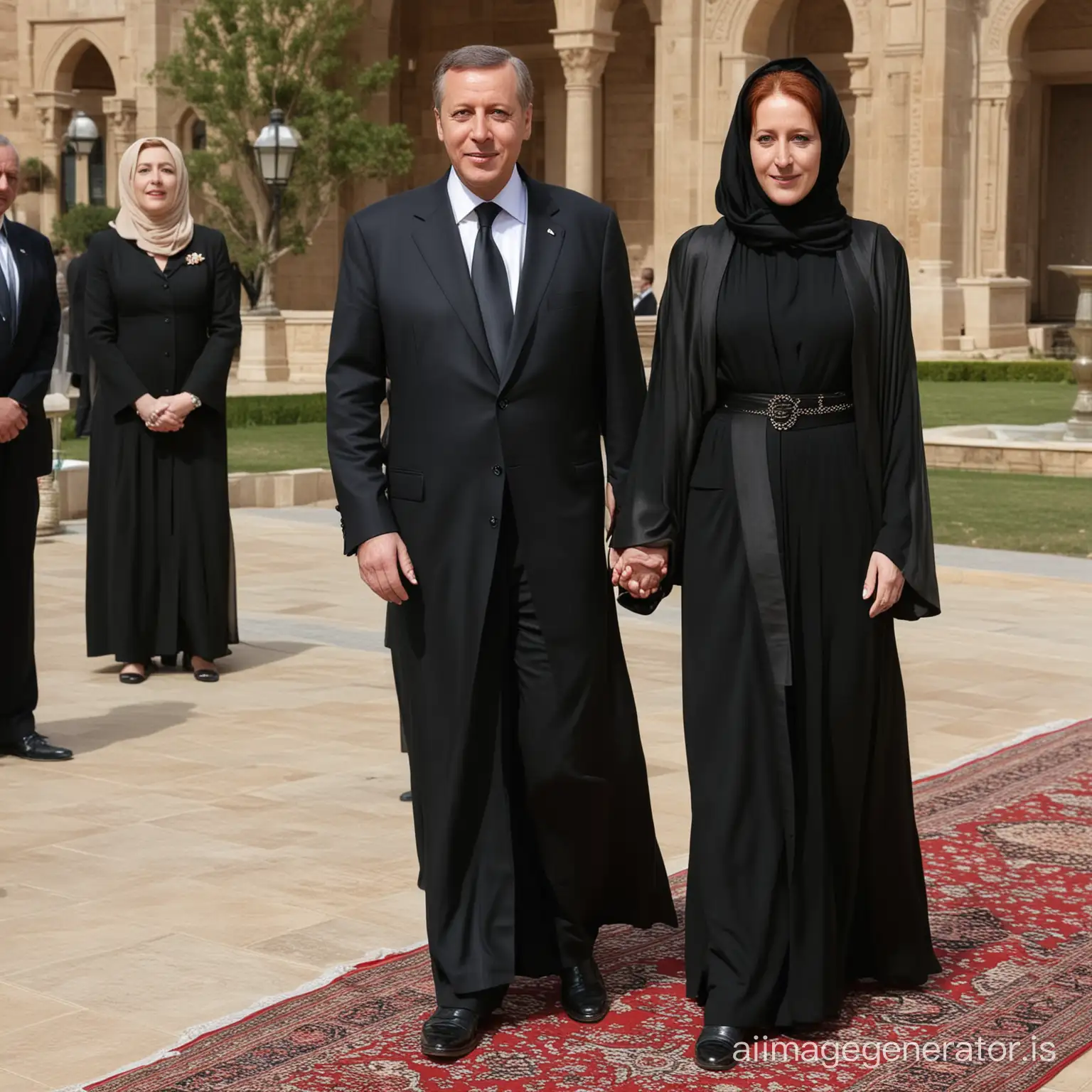 red haired Gillian Anderson with President Erdogan, he asked Gillian to dress accordingly to his Muslim faith and wear a floor-length black abaya with long black hijab and stand demurely beside him as  his newlywed devoted loving wife