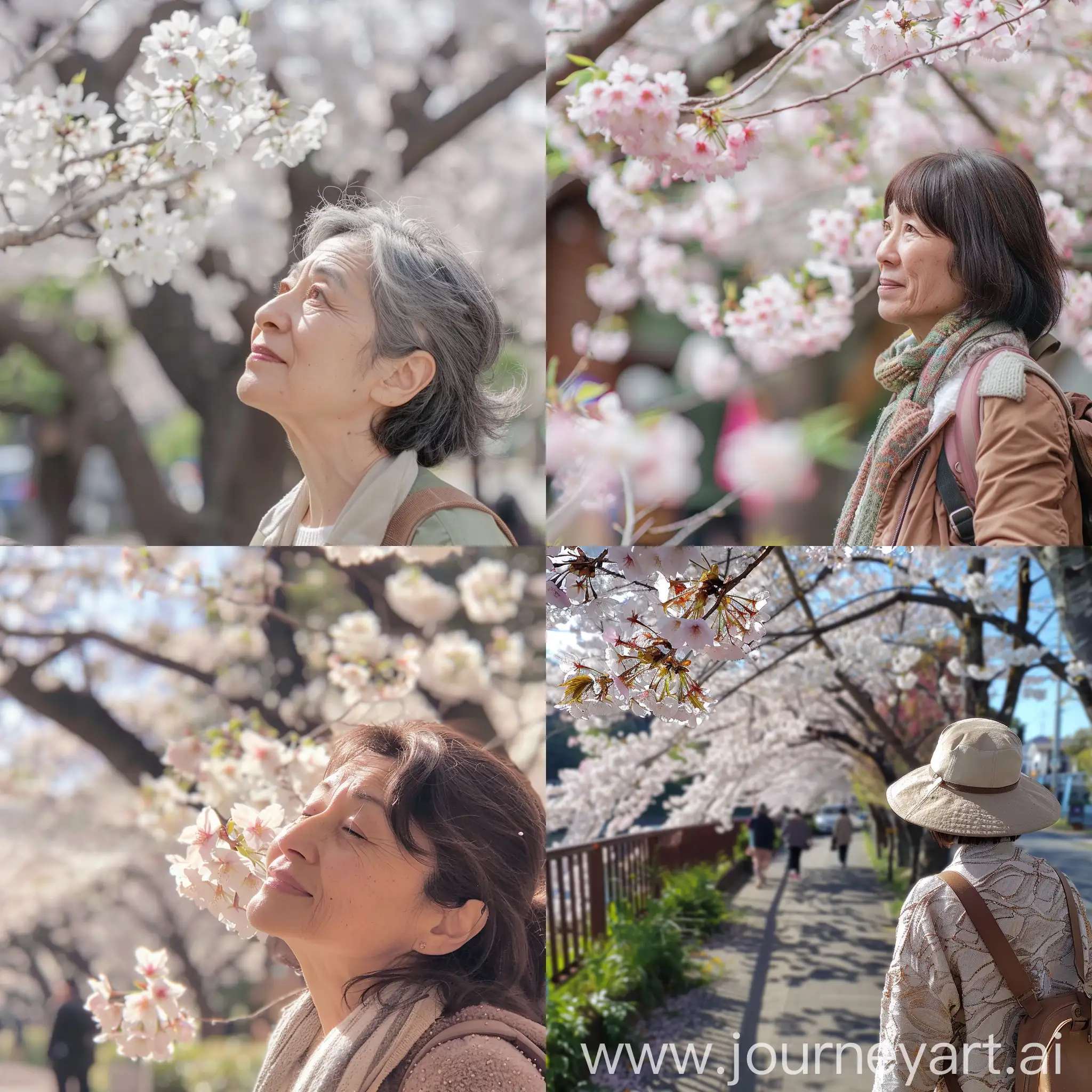 一位50岁女教师假日休闲旅游，在樱花盛开的地方赏花