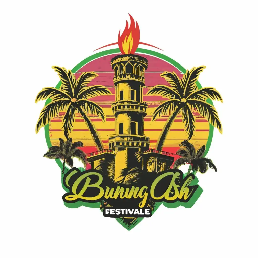 logo, Tower, Palm, Colors Green Yellow Red, Reggae Festival, with the text Burning Ash.eV, 