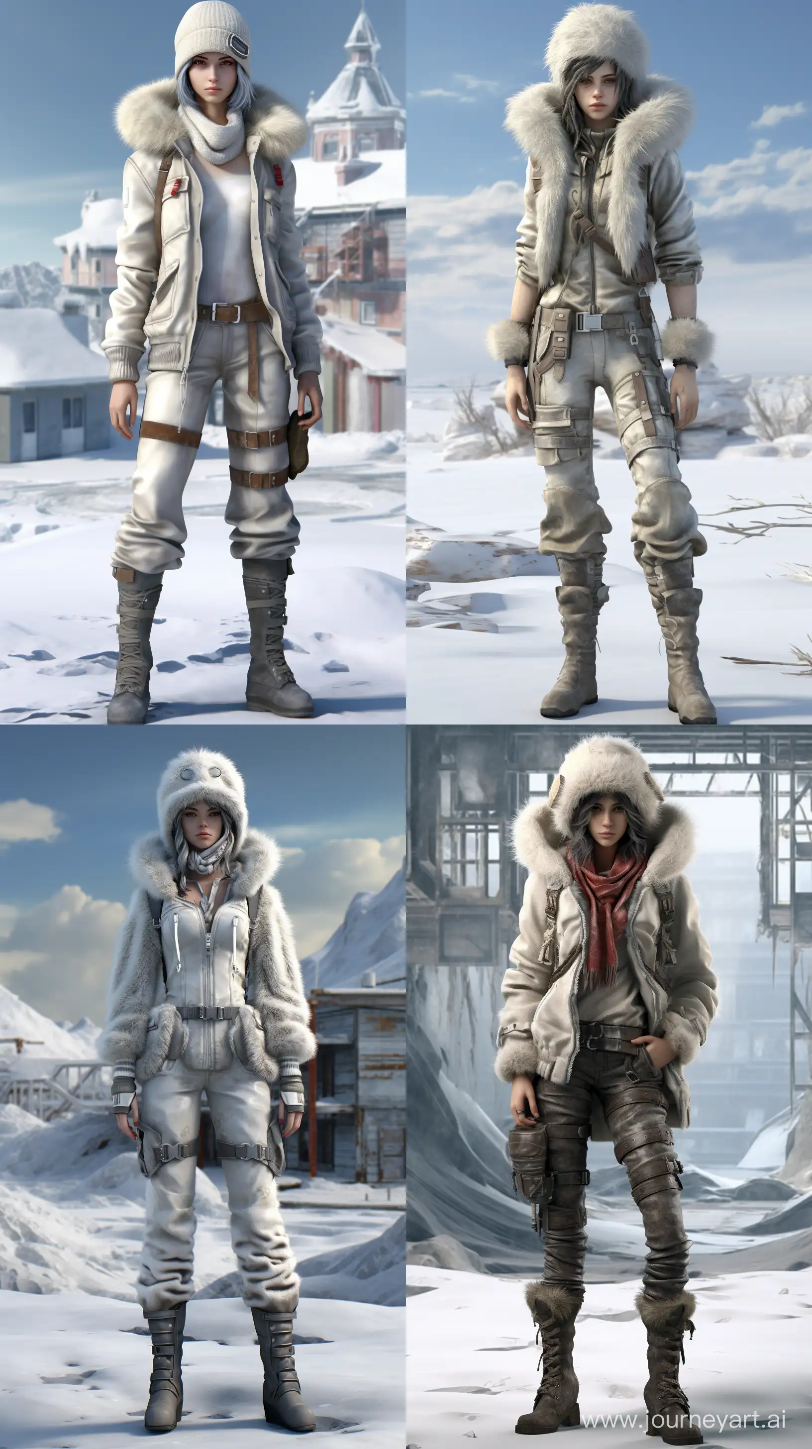 Here is the realistic image of a pretty 18-year-old tomboy woman in a post-apocalyptic setting, dressed in a communist snow camouflage military uniform with a sheepskin aviator hat, snow leggings, and Nutukas. The full-body shot is rendered in a highly detailed 8K resolution, providing a full-length view from head to toe, with the subject centered and uncropped --ar 9:16

