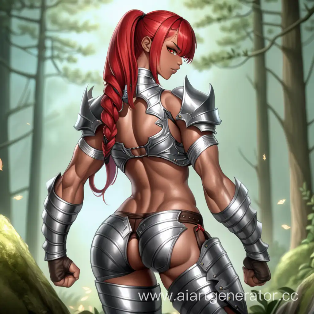 Fantasy Forest, 1 Person, Women, Human, Scarlet Red Hair, Long hair, Back Ponytail Hair style, Dark Brown Skin, Silver Full Body Armor,  Chocer,  Red Liptsick, Serious smile, Big Breasts, Brown eyes, Sharp Eyes, Flexing Muscles, Hard Abs, Toned Abs, Big Muscular Arms, Big Muscular Legs, Well-toned body, Muscular body, 