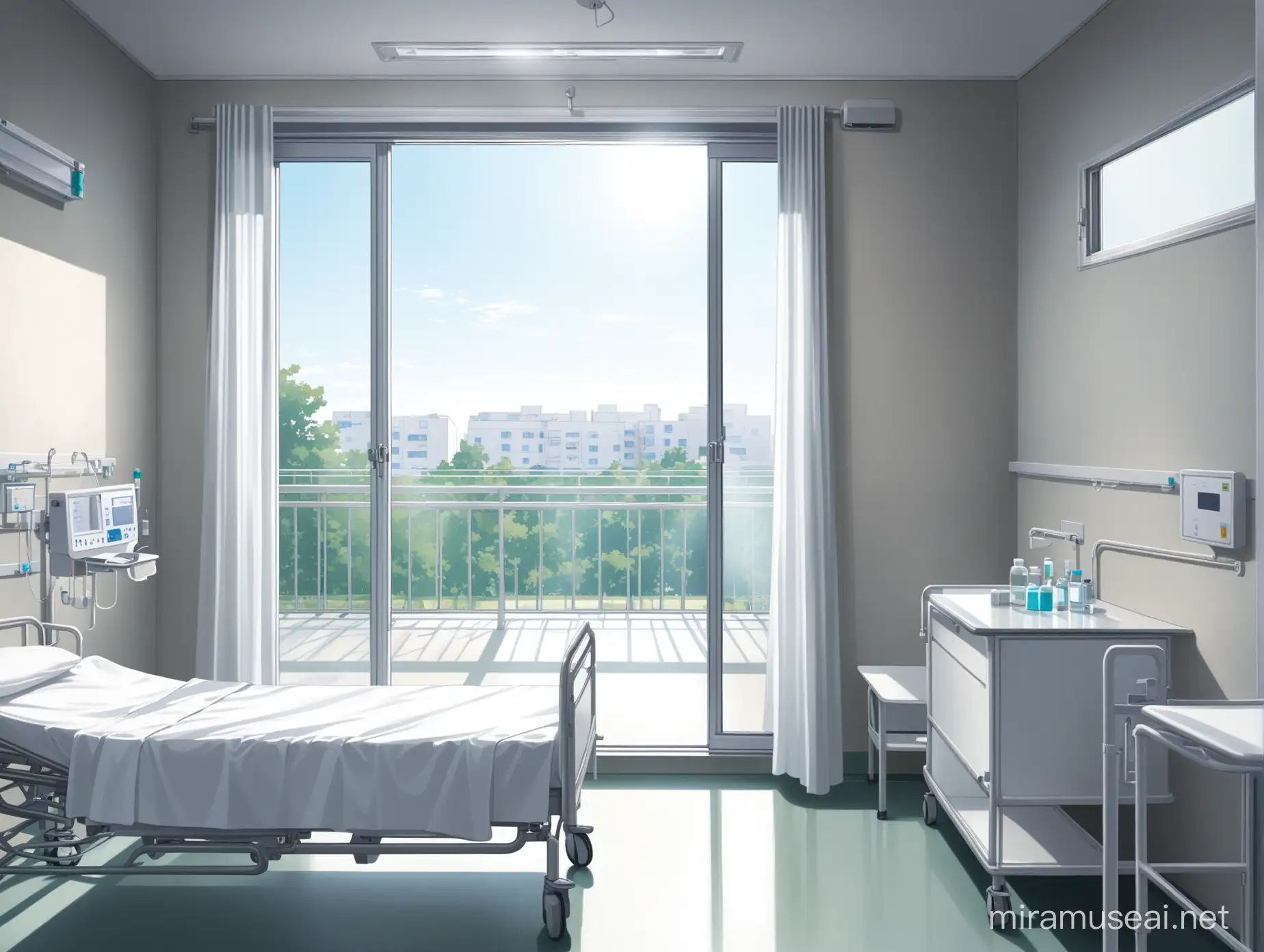 Hospital Ward with Open Window and Silver Medicine on Bedside Table