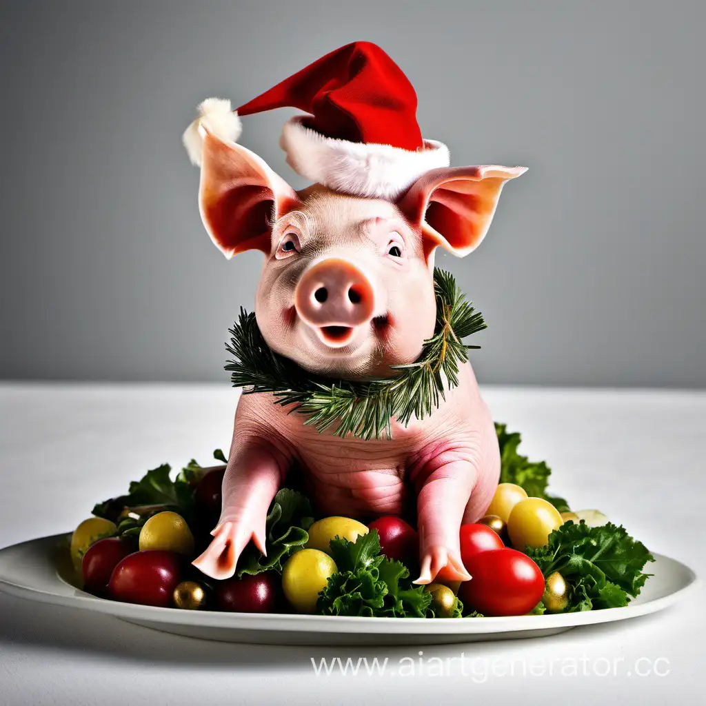 Festive-Pig-in-Hat-Garnishing-New-Years-Olivier-Salad