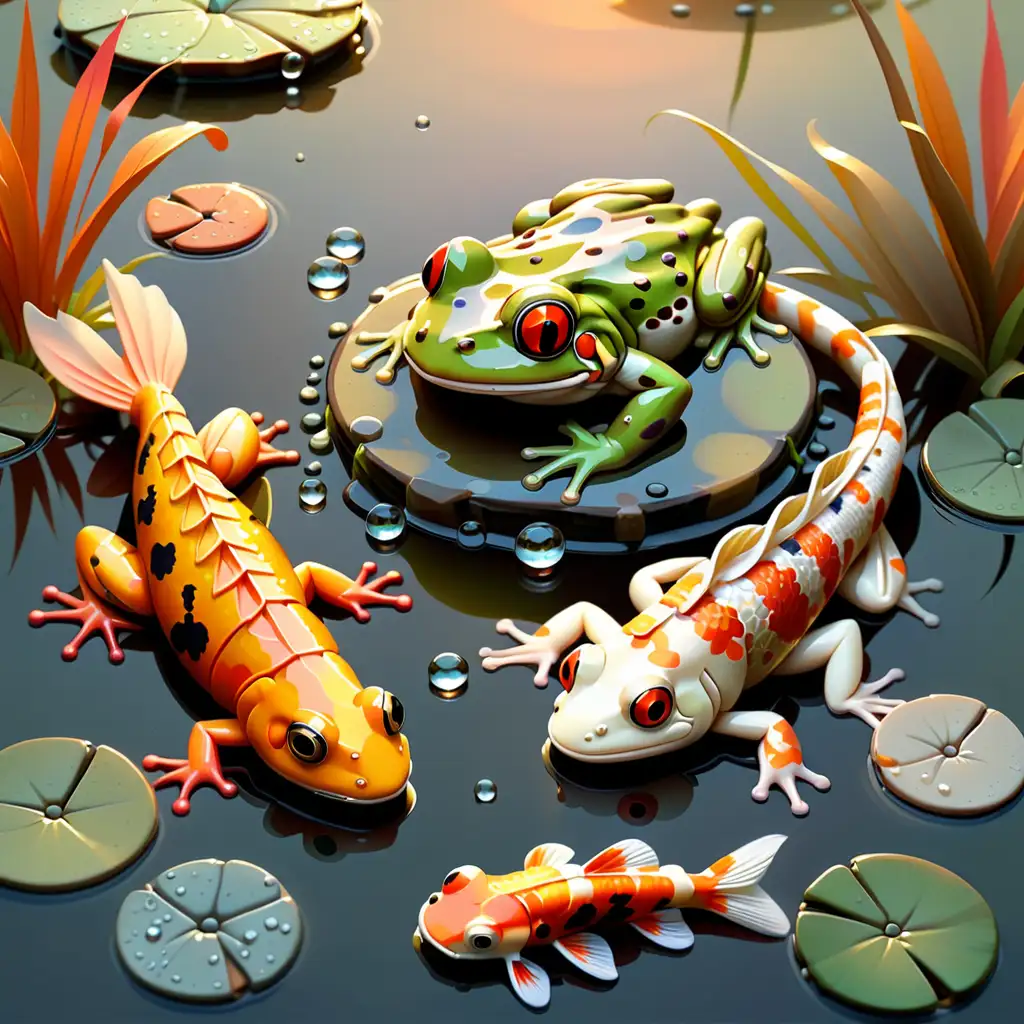 rustic,  1 frog, 1 koi , 1 fish, a shrimp, in a pond, dew drops, sunset