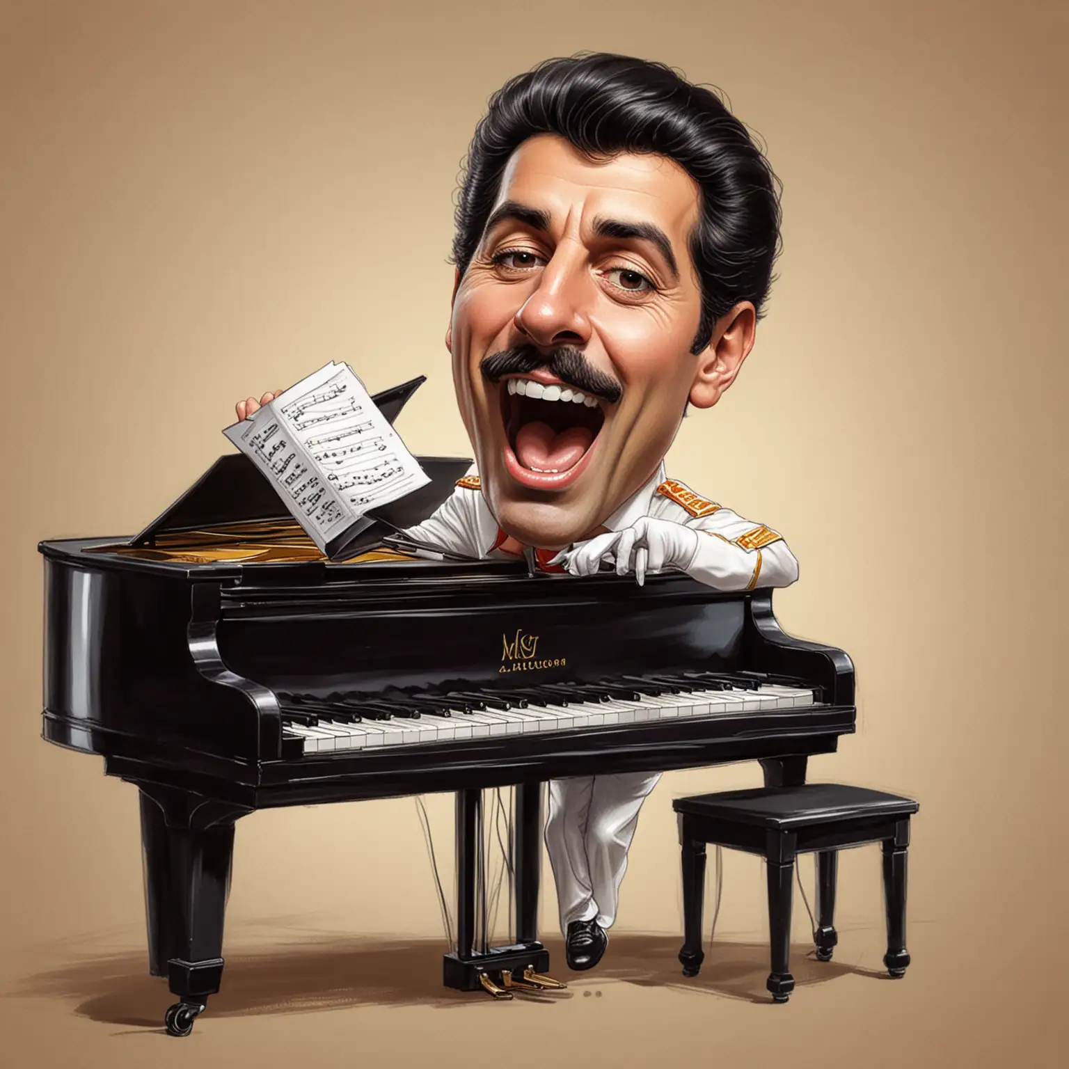 Caricature of Freddie Mercury Singing and Playing Piano