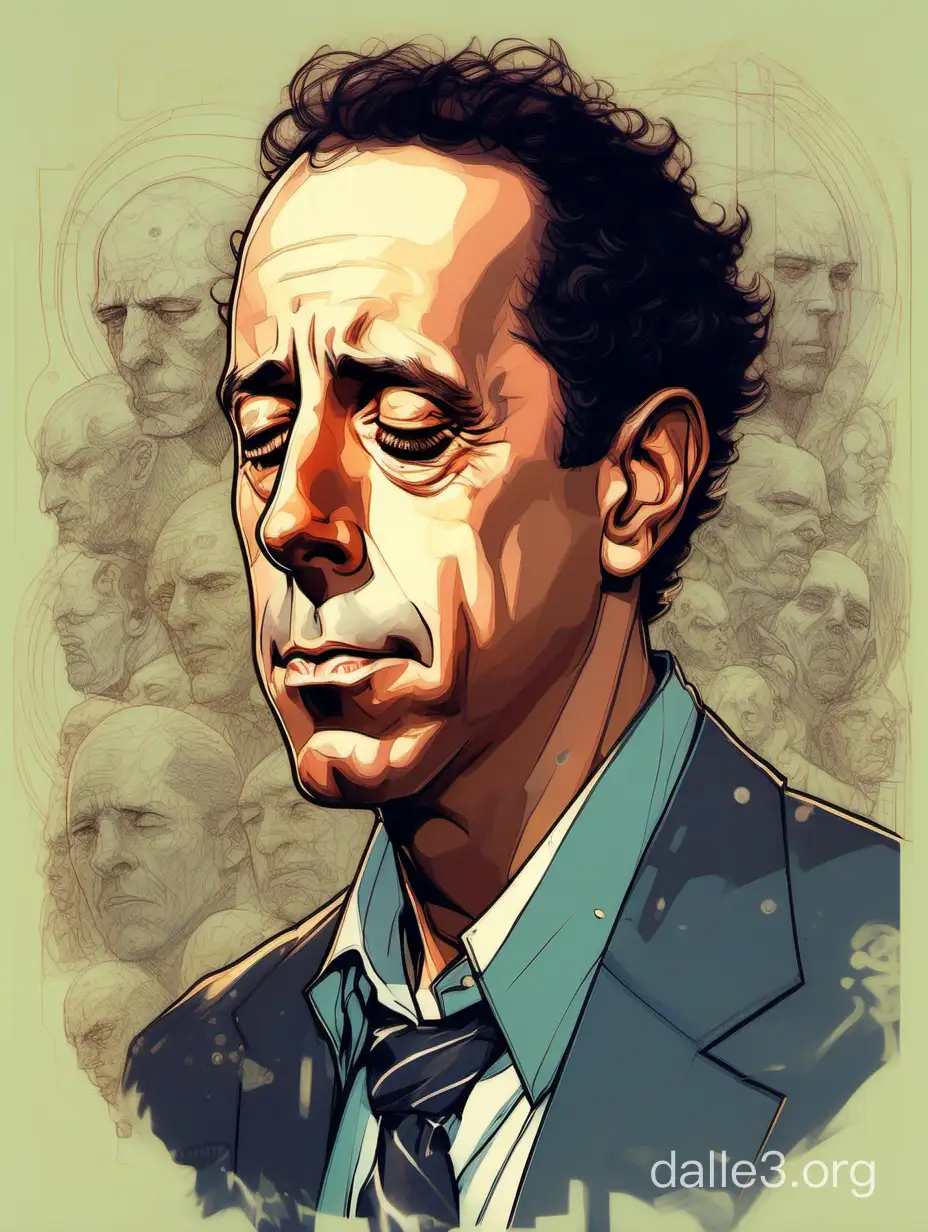 a study of cell shaded portrait of jerry seinfeld concept art, eyes closed, llustration, post grunge, concept art by josan gonzales and wlop, by james jean, Victo ngai, David Rubín, Mike Mignola, Laurie Greasley, highly detailed, sharp focus, alien, Trending on Artstation, HQ, deviantart, art by artgem