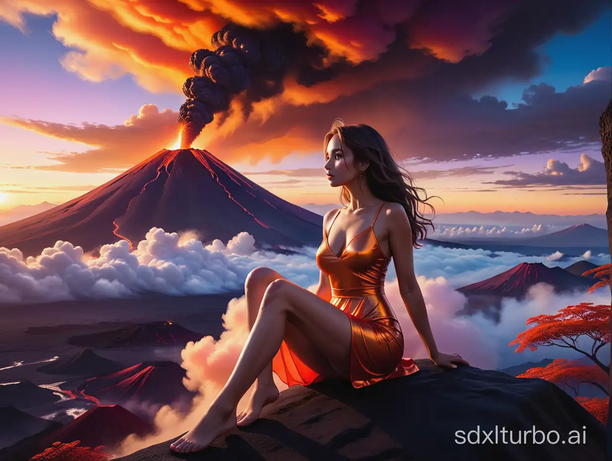 Create an image that depicts a dramatic and evocative scene with an adventurous touch. The scene features a beautiful woman in an adventurous outfit, seated on the ground, gazing directly at the viewers, enhancing the scene's engagement. She is part of the landscape where clouds weave through the fiery glow of an active volcano's eruption. The solitary, stalwart tree stands against this powerful backdrop, bathed in the light from the volcanic glow and the sun on the horizon. Her silhouette adds to the scene's intrigue, her form capturing the attention amidst the rich palette of deep reds, vibrant oranges, and intense yellows, which boldly contrast with the cooler blues and purples of the sky.
