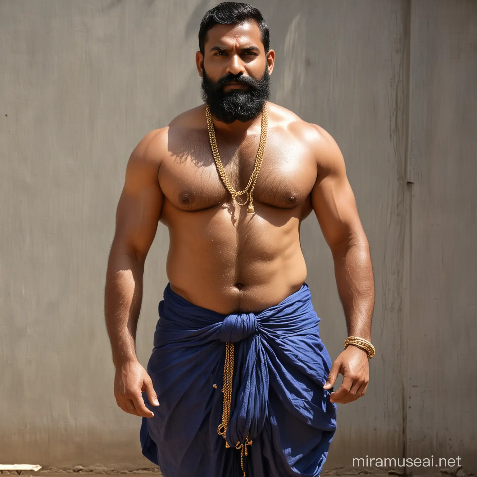 Summer afternoon,Indian Handsome mature muscular beefy daddies with big fat pot belly and stunning feature, Wearing a blue dhoti, heavy gold chains, heavily oiled up body, entire body is drenched in sweat and glistening under the hot sun. His body is hairy and has a hairy chest and full beard. The sight is truly mesmerizing as he looks stunning like asexy god