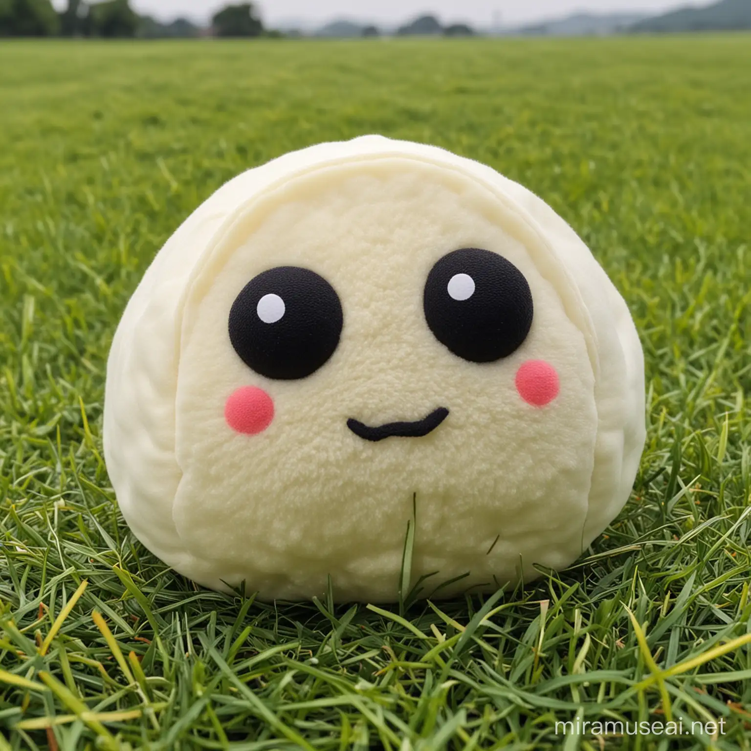 make 3D, stuffed toy the shape of a dumpling, no mouth, simple black circles for eyes, background is a grassy field