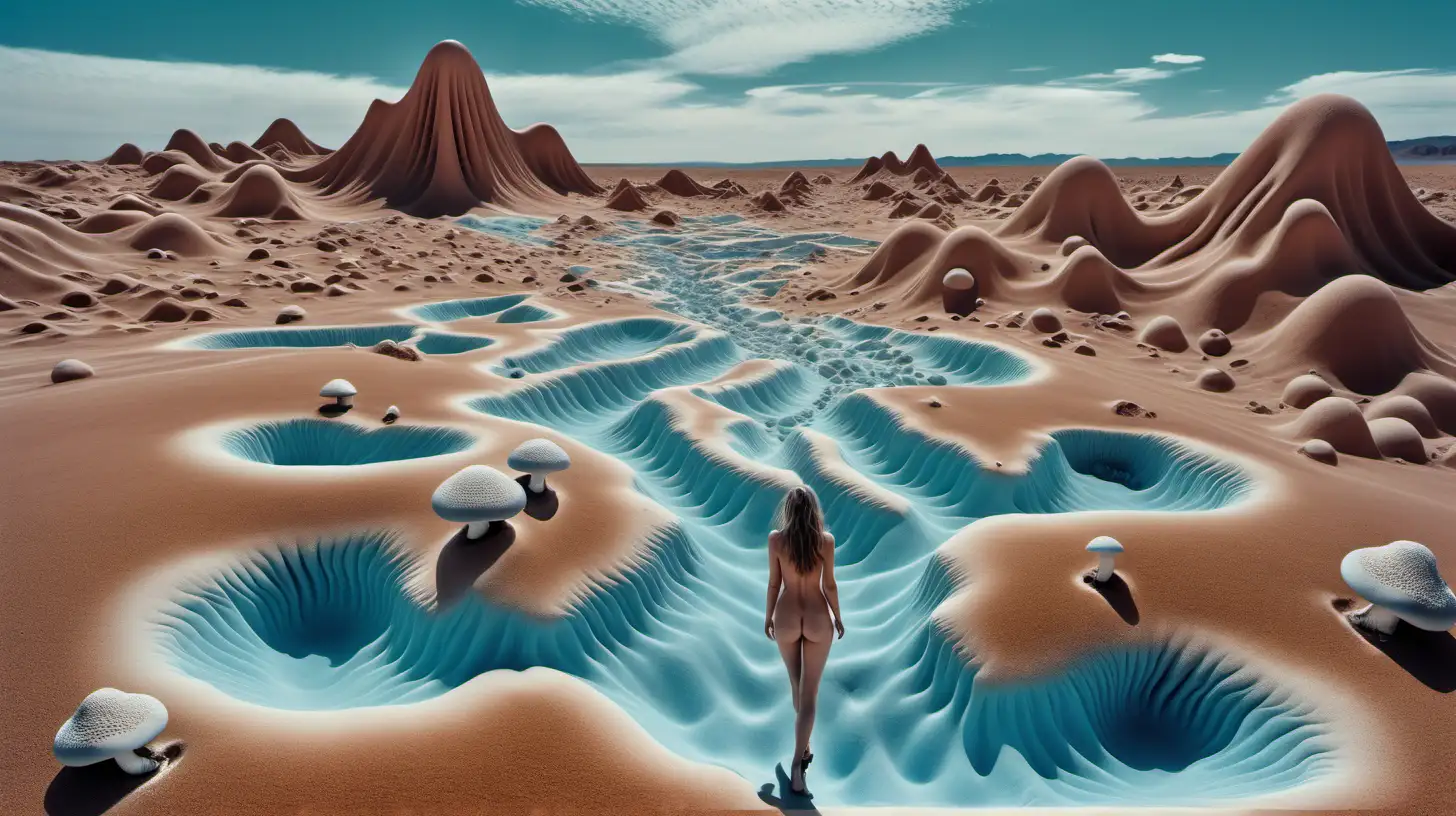 Psychedelic landscape, crystalline bluish mineral clouds, with nude woman center, wavy desert dunes, mushrooms, and water on the ground