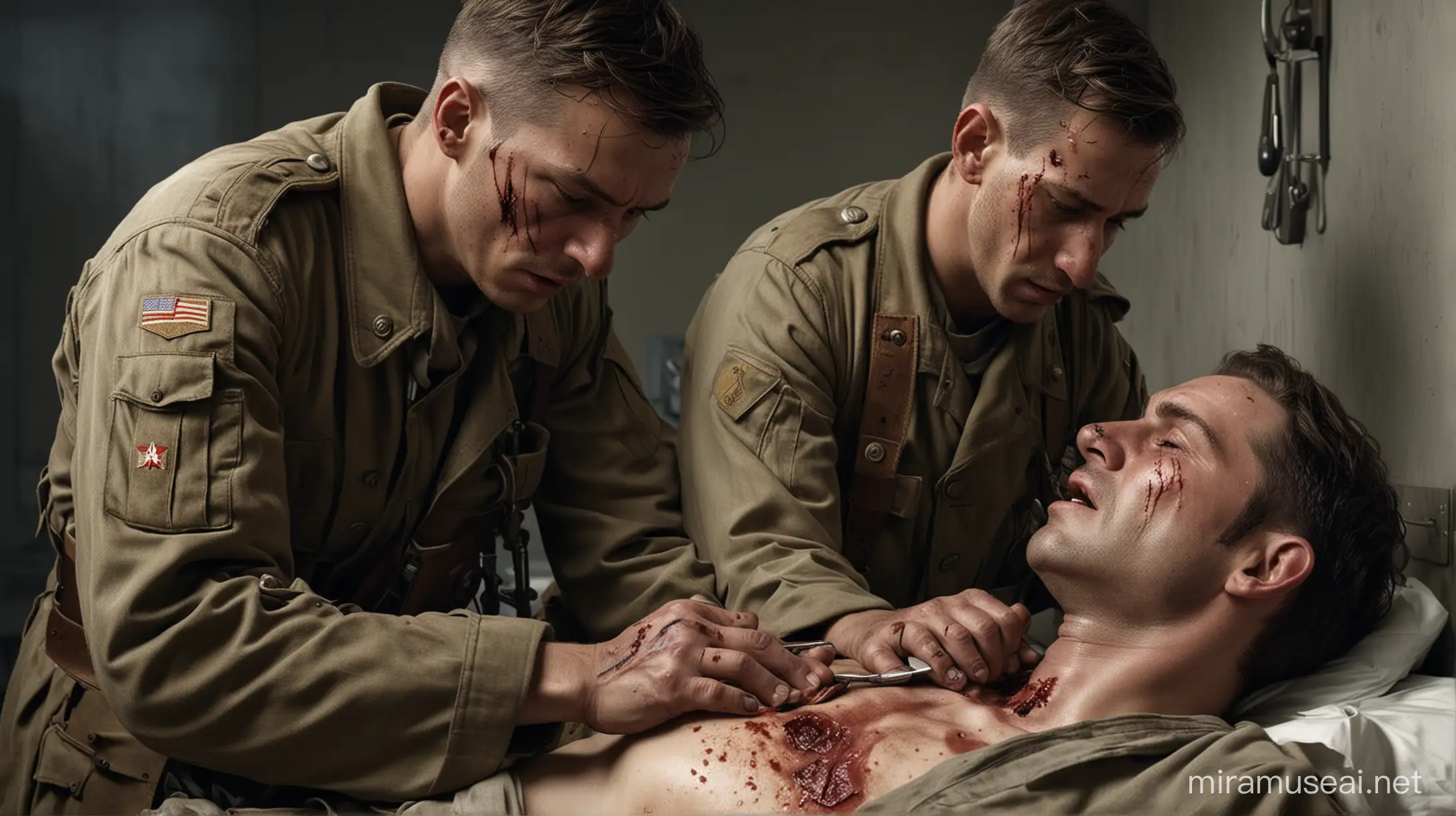 Generate a 4K hyperrealistic image depicting a soldier with a wounded hand in World War II  writhing in pain as he gets treatment from a doctor. Ensure the 3D rendering is highly detailed, showcasing the soldier's agonized expression and bloodied uniform as the doctor tends to the injury. Utilize HDR lighting to enhance the dramatic atmosphere, with photorealistic textures conveying the severity of the soldier's trauma. Incorporate high-resolution elements of the medical setting, including surgical instruments and bandages, to add authenticity to the scene. The image should evoke a sense of empathy and the brutal reality of war.