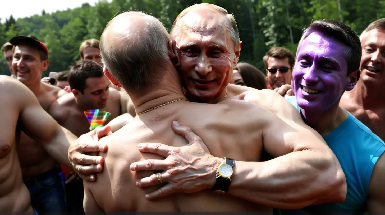 Vladimir Putin shirtless in hug with another gay as Gay in the background rainbow Gay Party