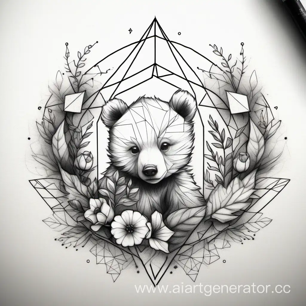 эскиз легкого тату, листья небольшая арка из цветов с геометрией, внутри неё малыш медвеженок из геометрии
