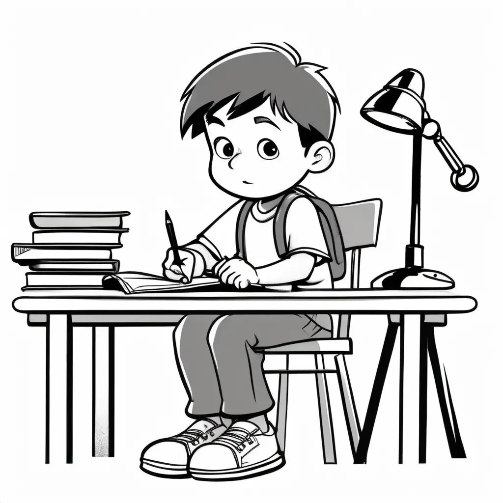 Cartoon-Boy-Doing-Homework-Simple-Monochrome-Illustration