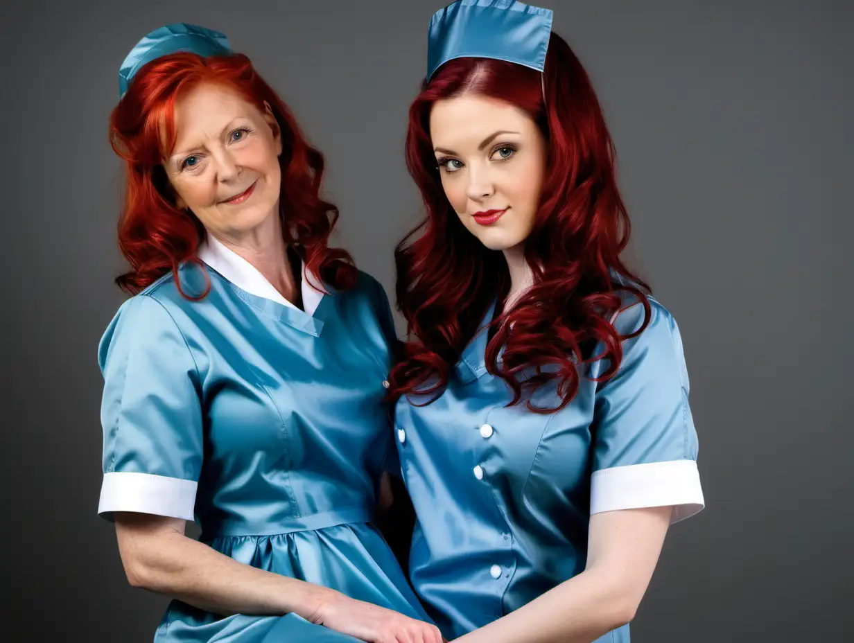 girl in long blue satin nurse uniforms and mothers red hair