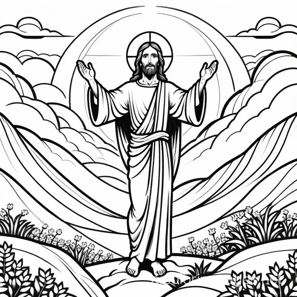 jesus risen from the dead, Coloring Page, black and white, line art, white background, Simplicity, Ample White Space. The background of the coloring page is plain white to make it easy for young children to color within the lines. The outlines of all the subjects are easy to distinguish, making it simple for kids to color without too much difficulty