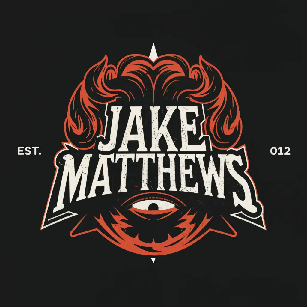 a logo design,with the text "Jake Matthews", main symbol:psychotic wrestler gimmick with black long hair and black beard hair,complex,be used in Entertainment industry,clear background