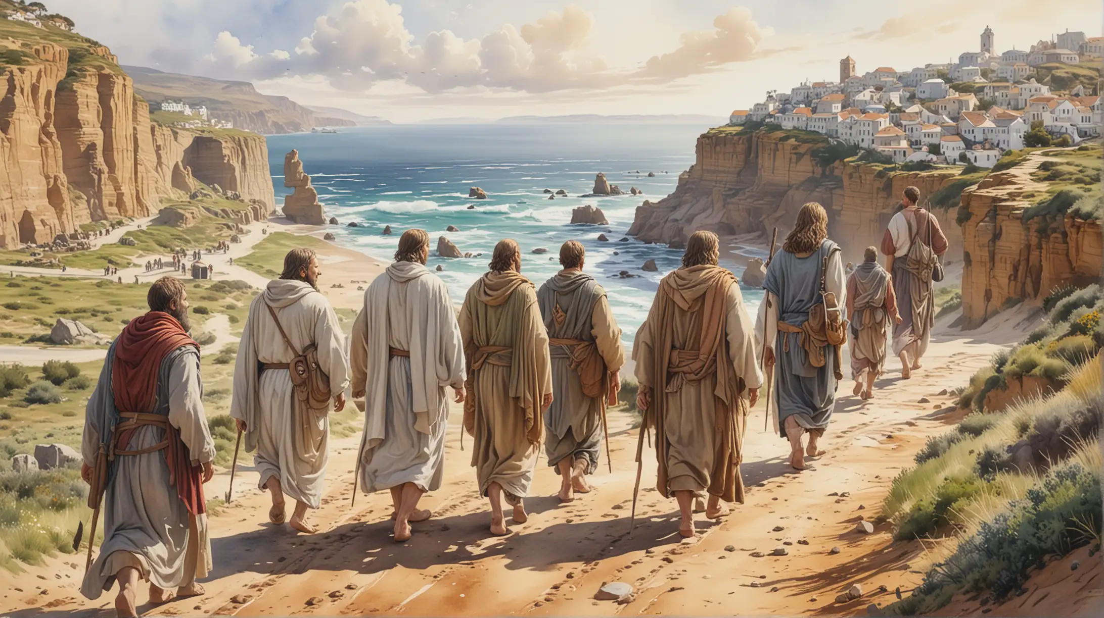 12 apostles of Jesus walking towards towns in different directions, Watercolor, trending on artstation, sharp focus, studio photo, intricate details, highly detailed, by greg rutkowski
