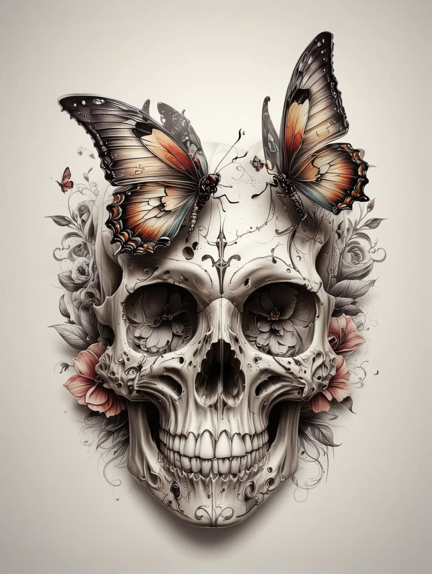 Butterfly skull, 3d, oldschool Tattoo Design , white backround 