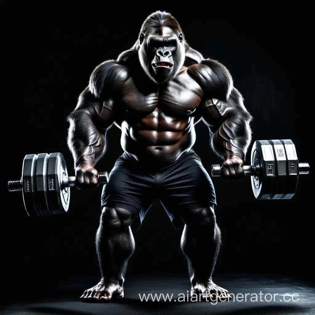 нарисованная очень мускулистая горилла стоит с большими гантелями в руках, с злобным оскалом, на черном фоне