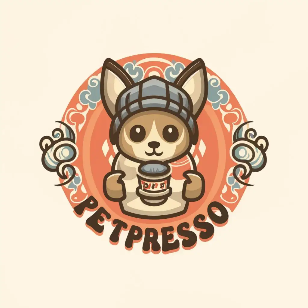 a logo design,with the text "Petpresso Urban wear", main symbol:Create a logo featuring a pet wearing a hoodie or streetwear attire, with Japanese-inspired patterns in the background and holding a coffee cup,Moderate,be used in Events industry,clear background