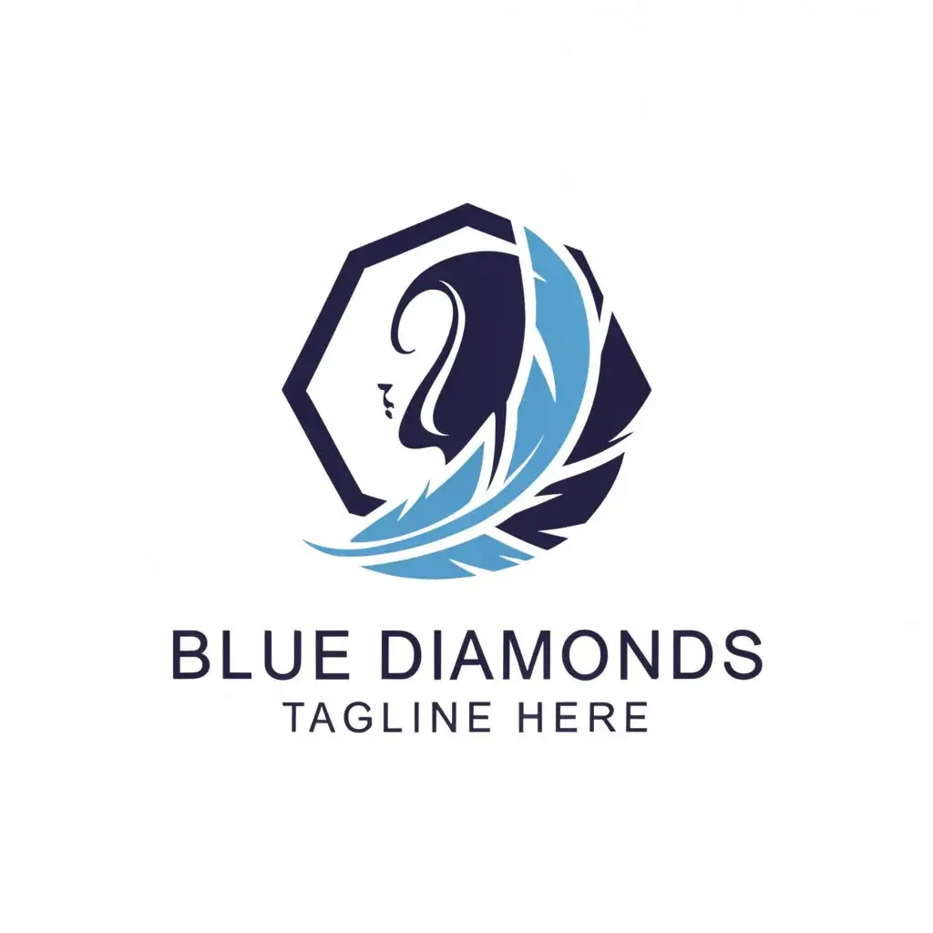 a logo design,with the text "BLUE DIAMONDS", main symbol:feathers, women face,Minimalistic,be used in Beauty Spa industry,clear background