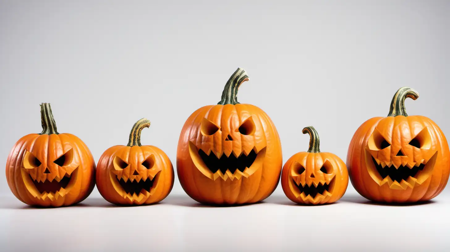 image of five Halloween style pumpkins with different expressions On a white background in 16:9 ratio 